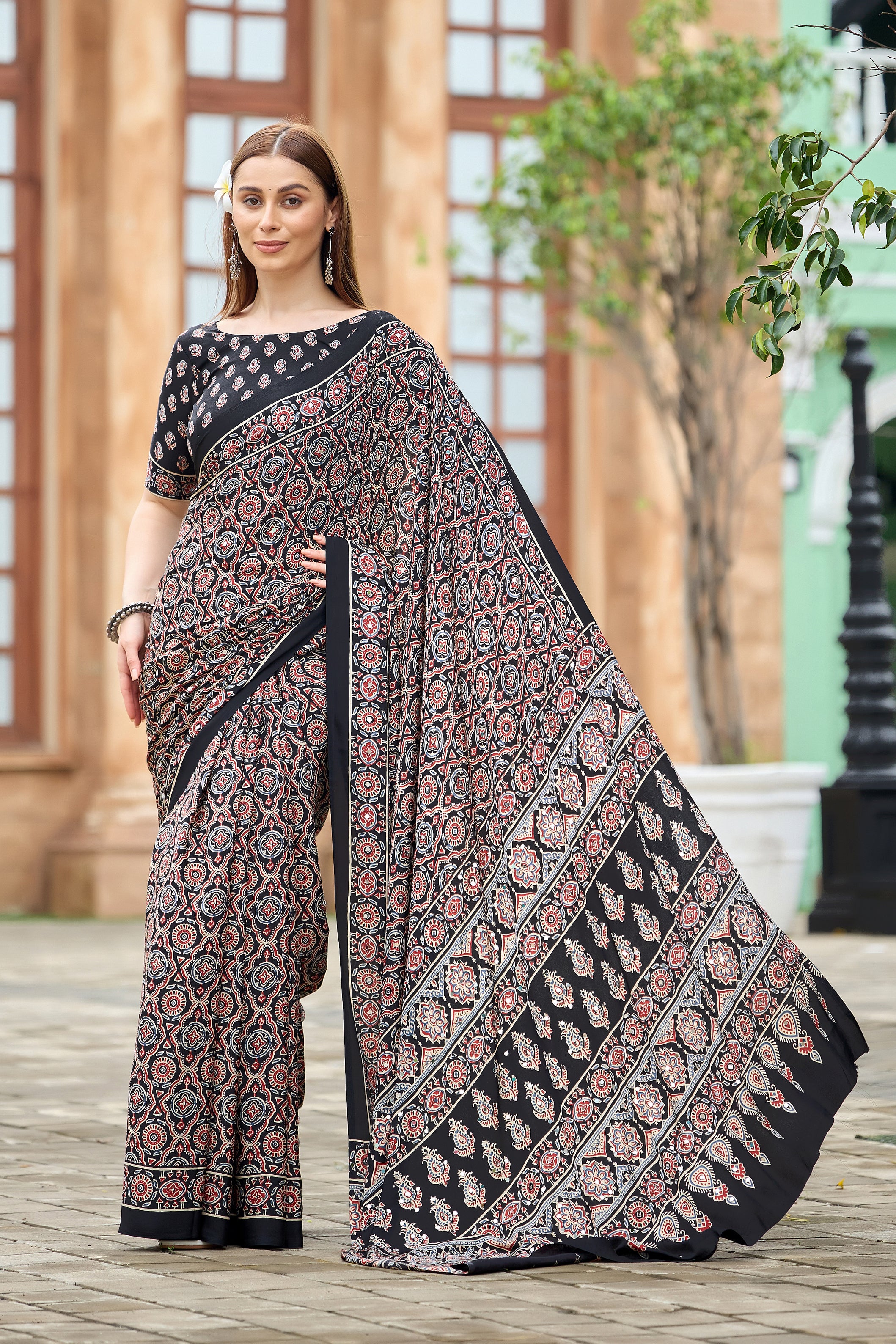 AZRAK Mirror Ajrakh Print Crepe Saree - Black