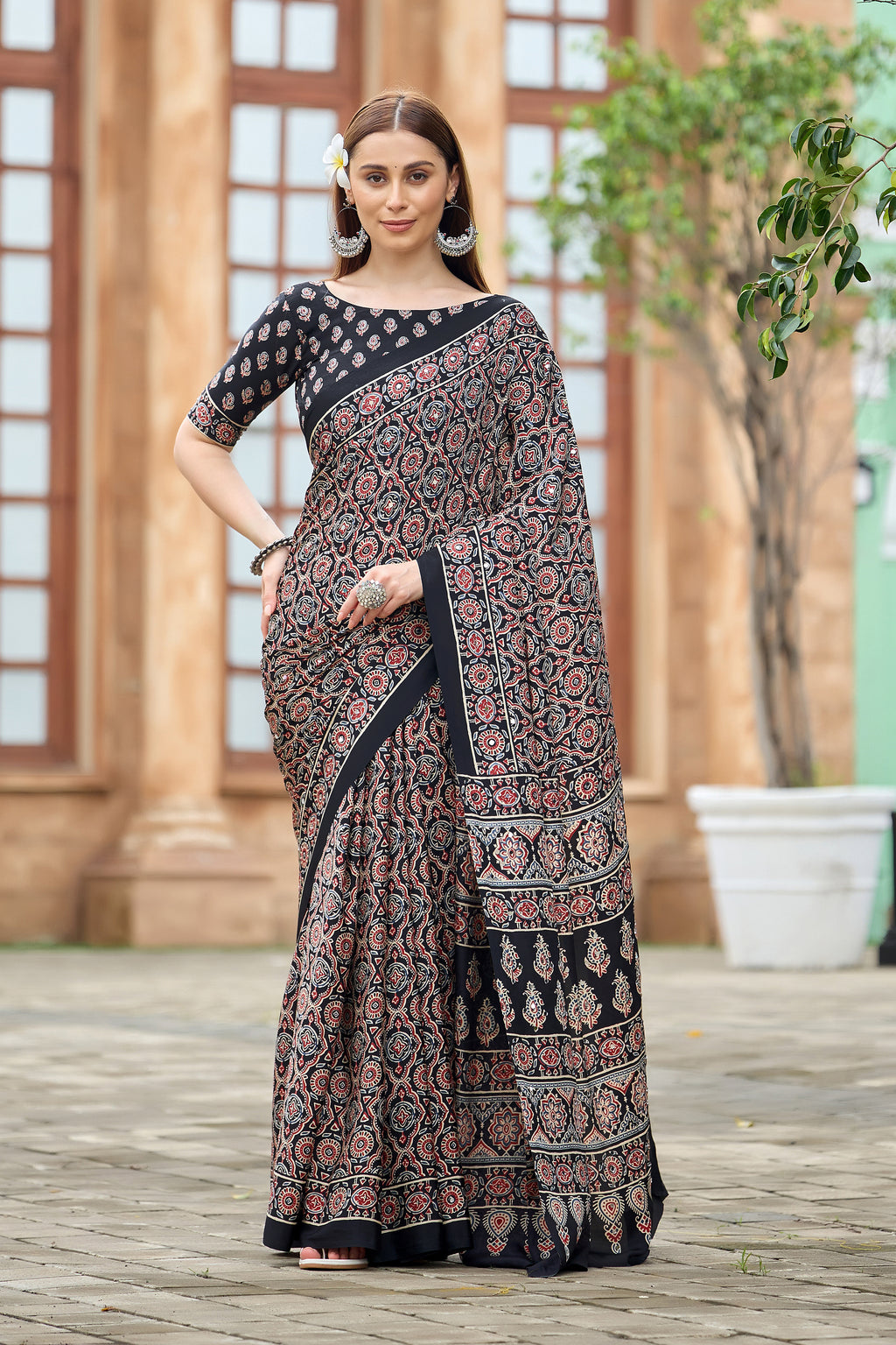 AZRAK Mirror Ajrakh Print Crepe Saree - Black