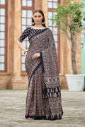 AZRAK Mirror Ajrakh Print Crepe Saree - Black
