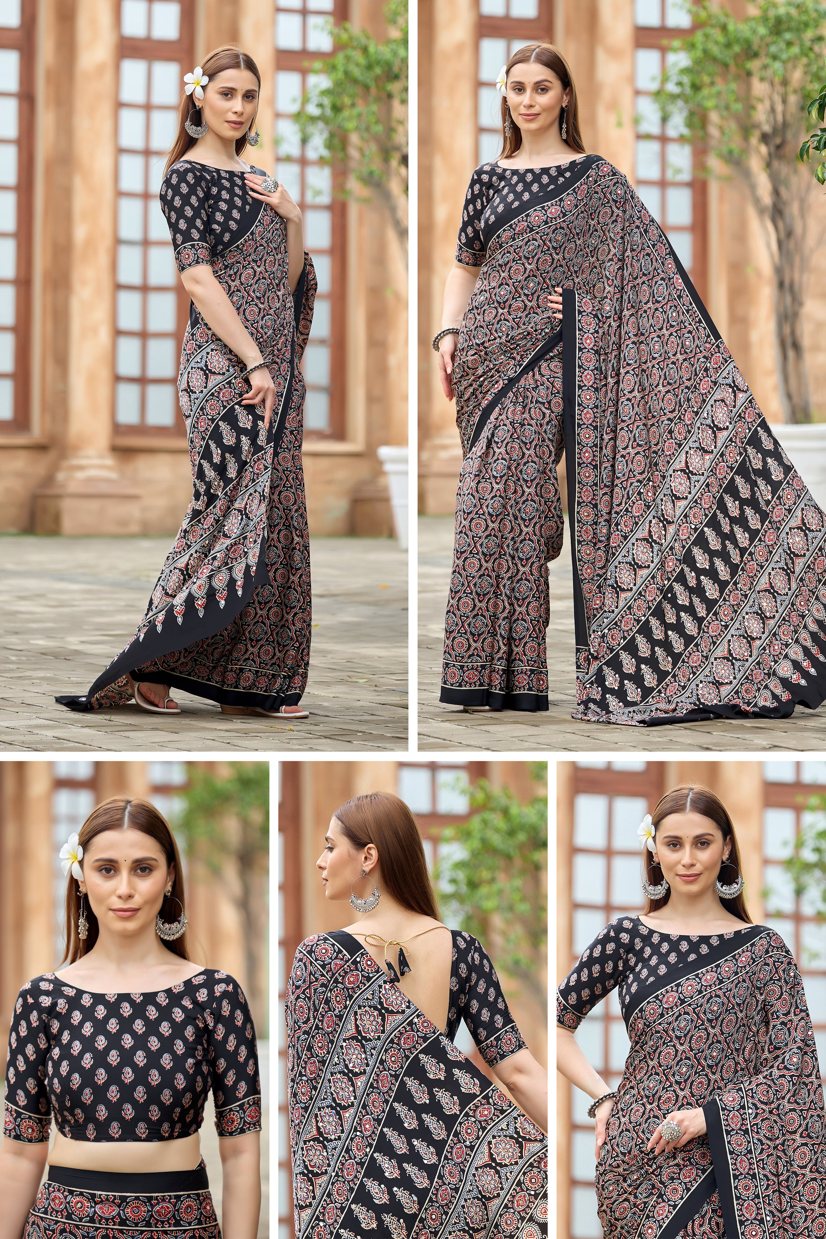 AZRAK Mirror Ajrakh Print Crepe Saree - Black