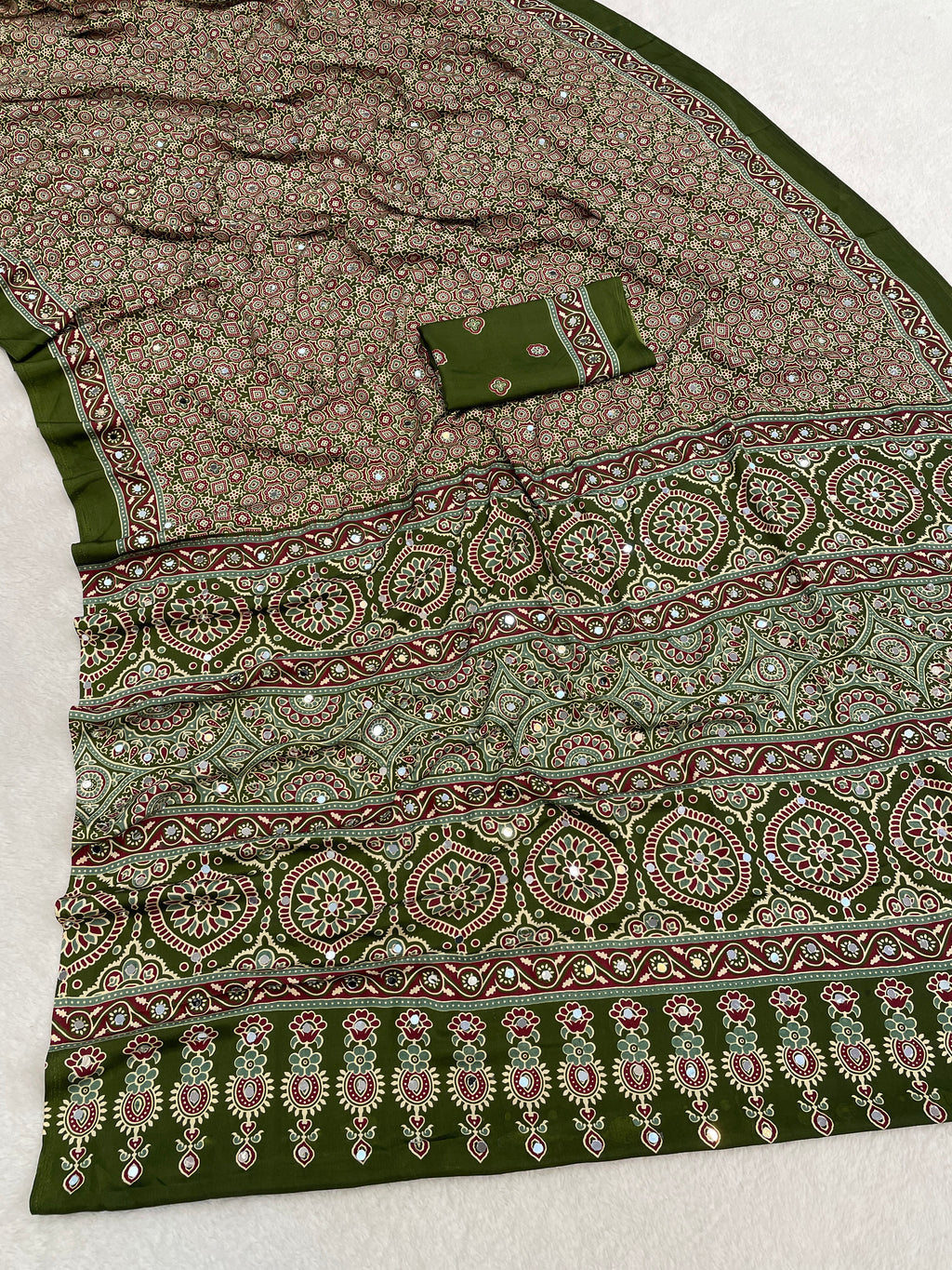 AZRAK Mirror Ajrakh Print Crepe Saree - Mehendi