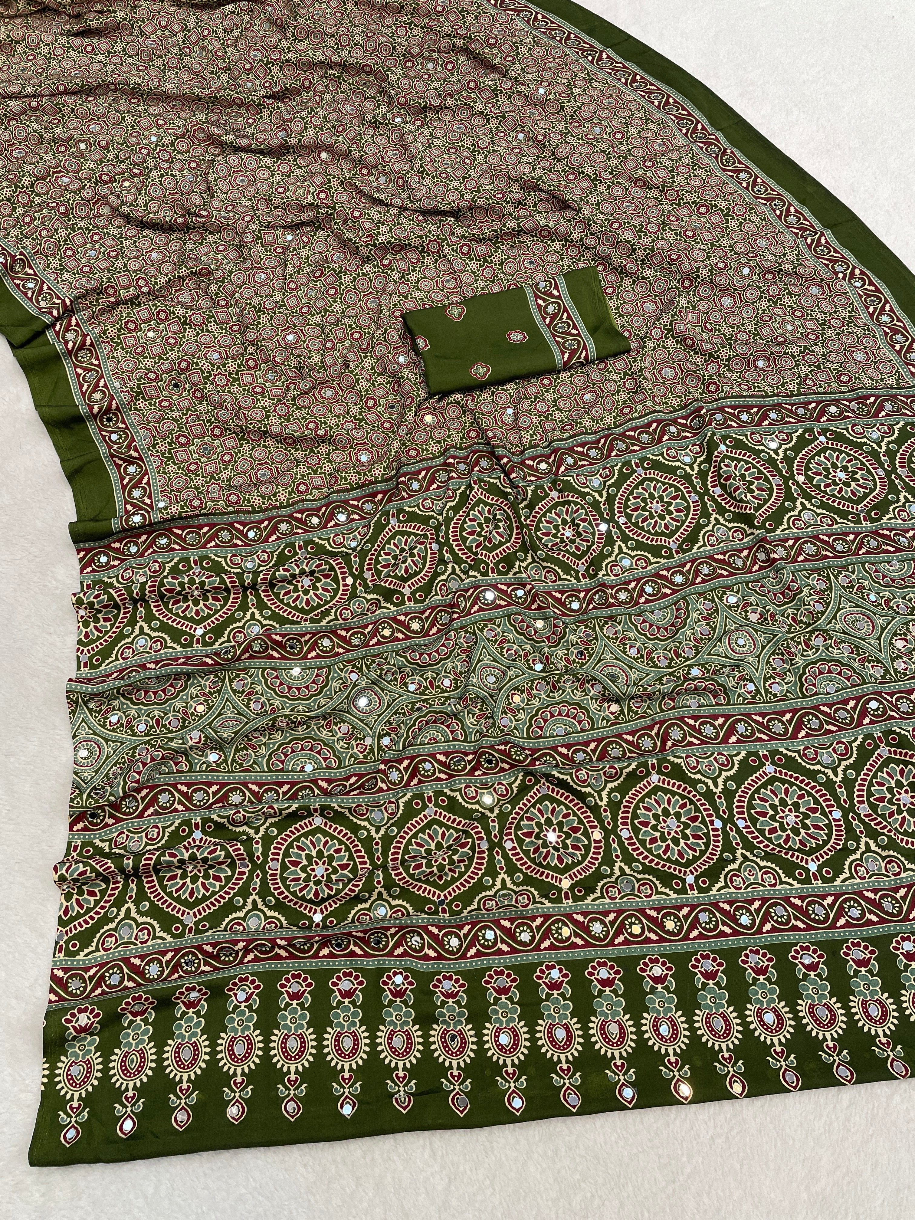AZRAK Mirror Ajrakh Print Crepe Saree - Mehendi