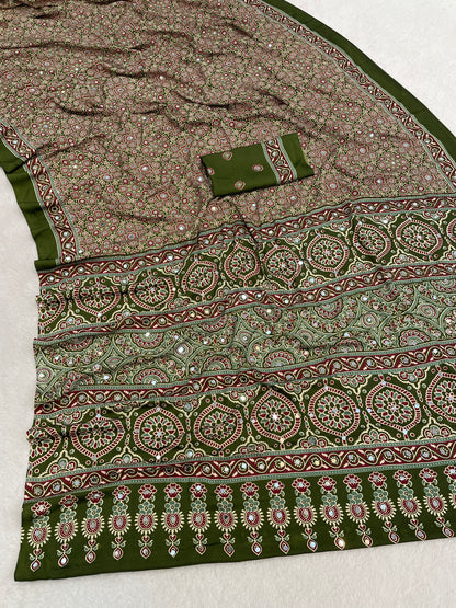 AZRAK Mirror Ajrakh Print Crepe Saree - Mehendi