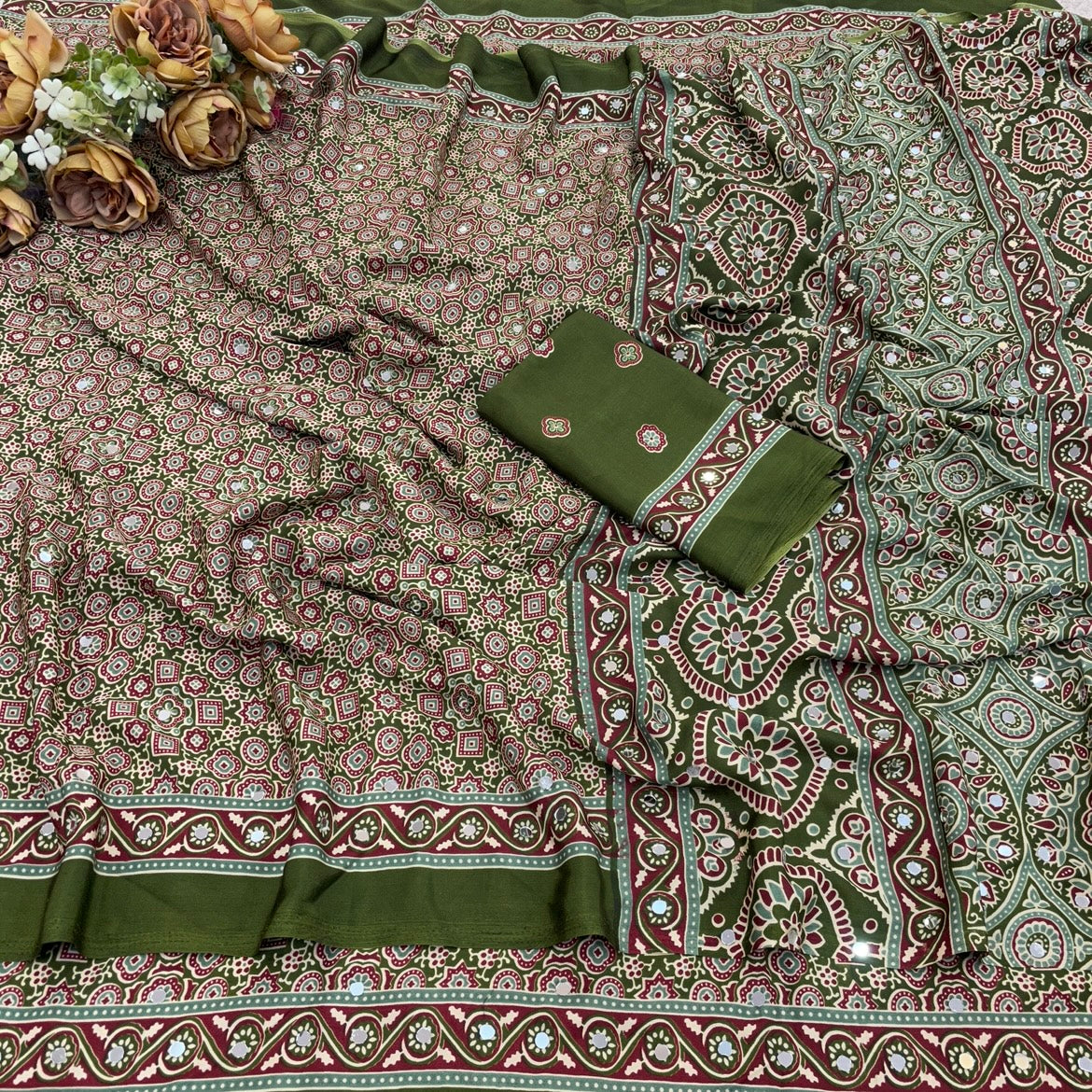 AZRAK Mirror Ajrakh Print Crepe Saree - Mehendi