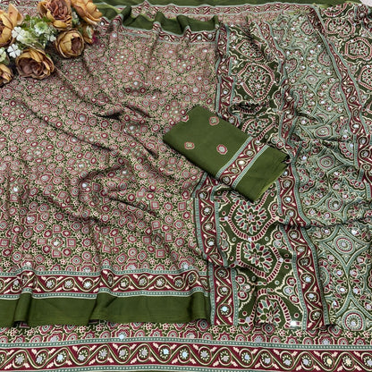 AZRAK Mirror Ajrakh Print Crepe Saree - Mehendi