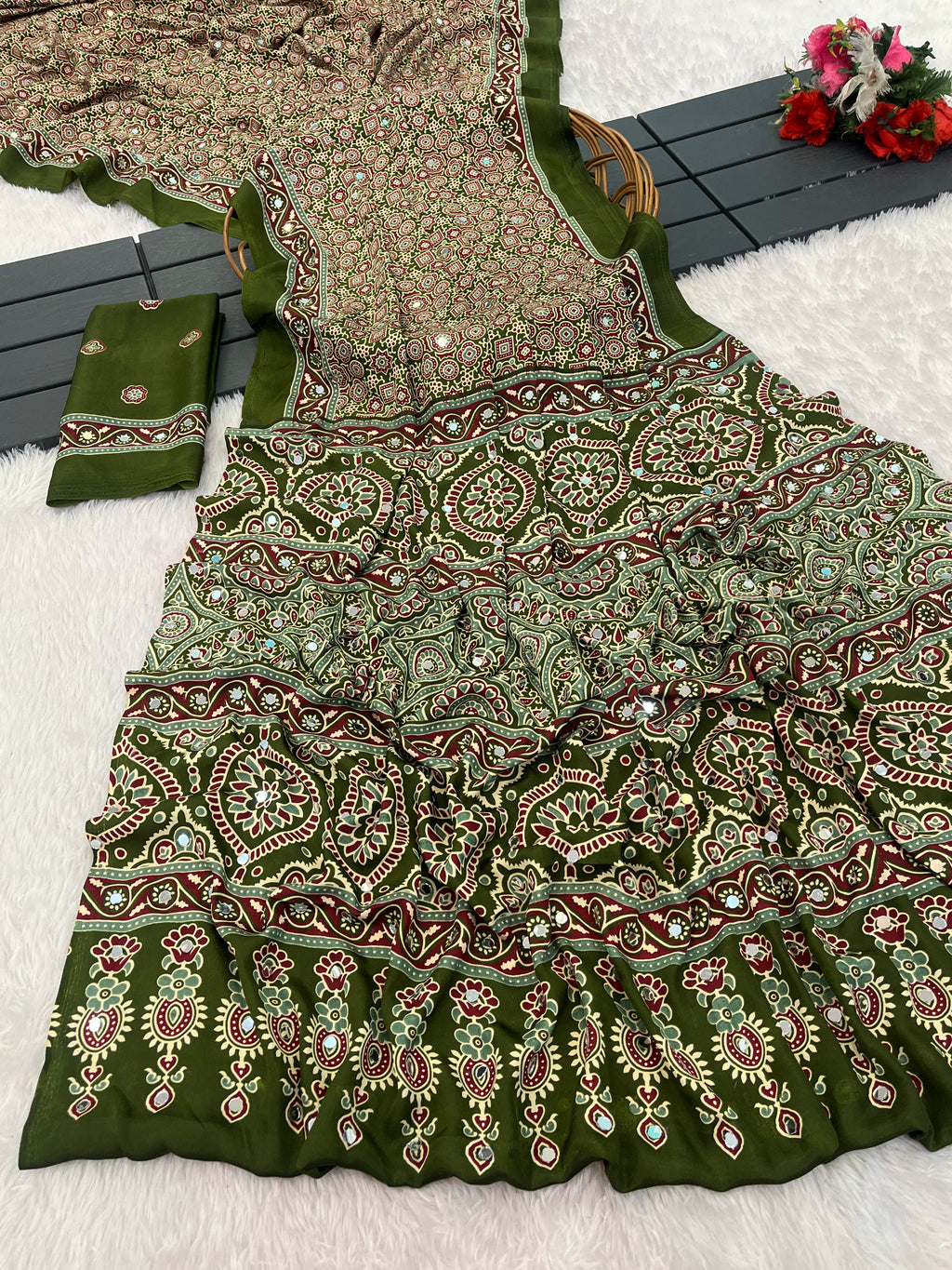 AZRAK Mirror Ajrakh Print Crepe Saree - Mehendi