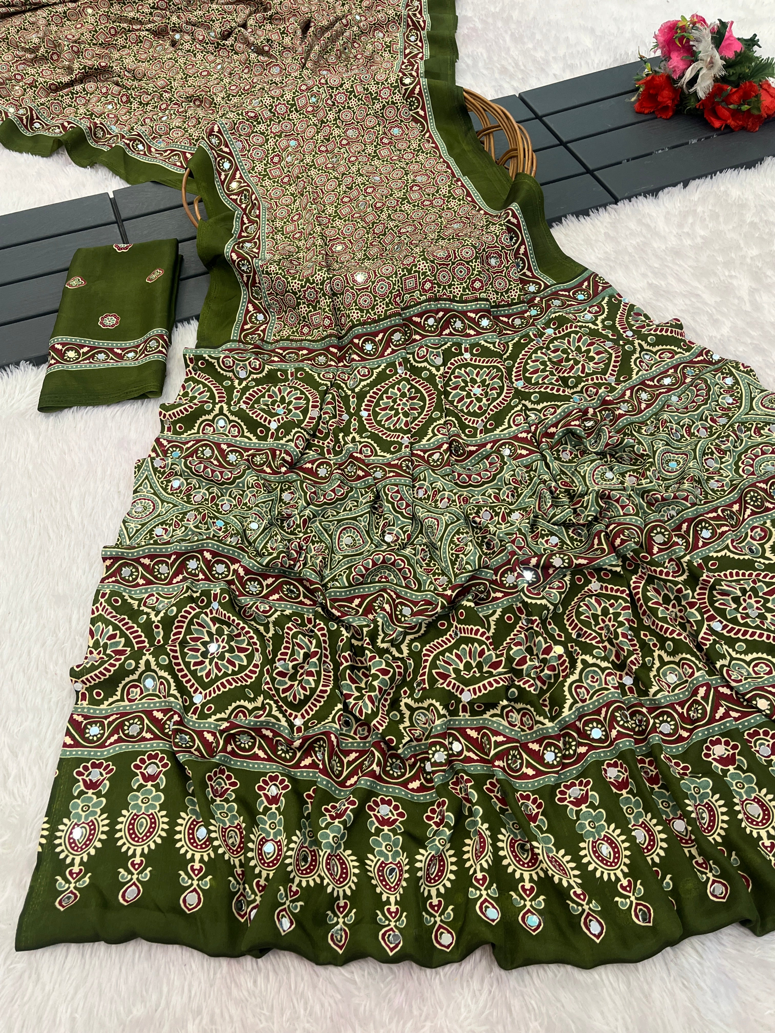 AZRAK Mirror Ajrakh Print Crepe Saree - Mehendi