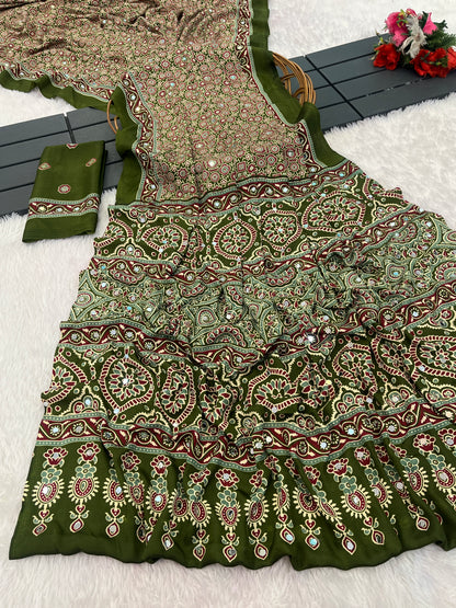AZRAK Mirror Ajrakh Print Crepe Saree - Mehendi