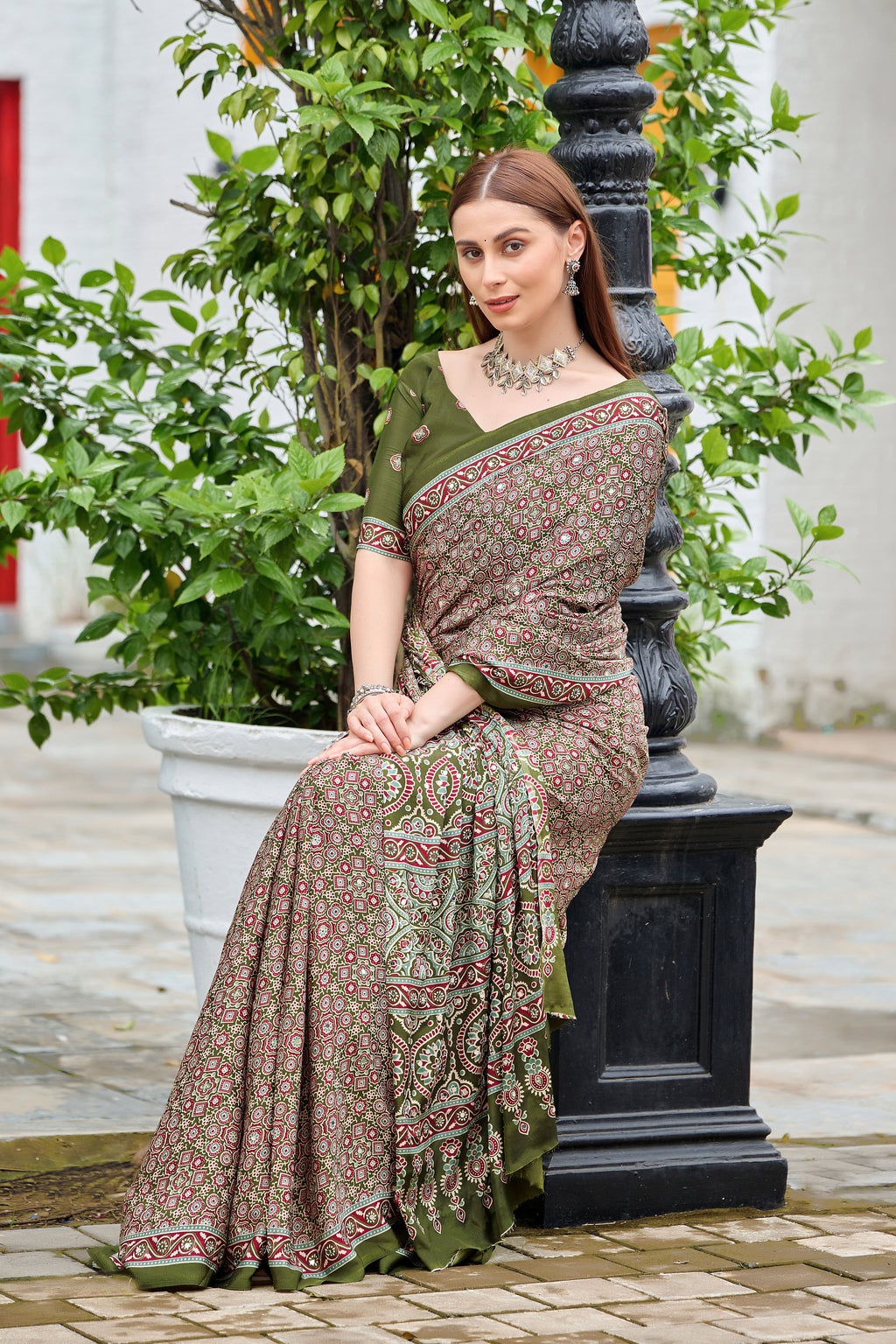AZRAK Mirror Ajrakh Print Crepe Saree - Mehendi