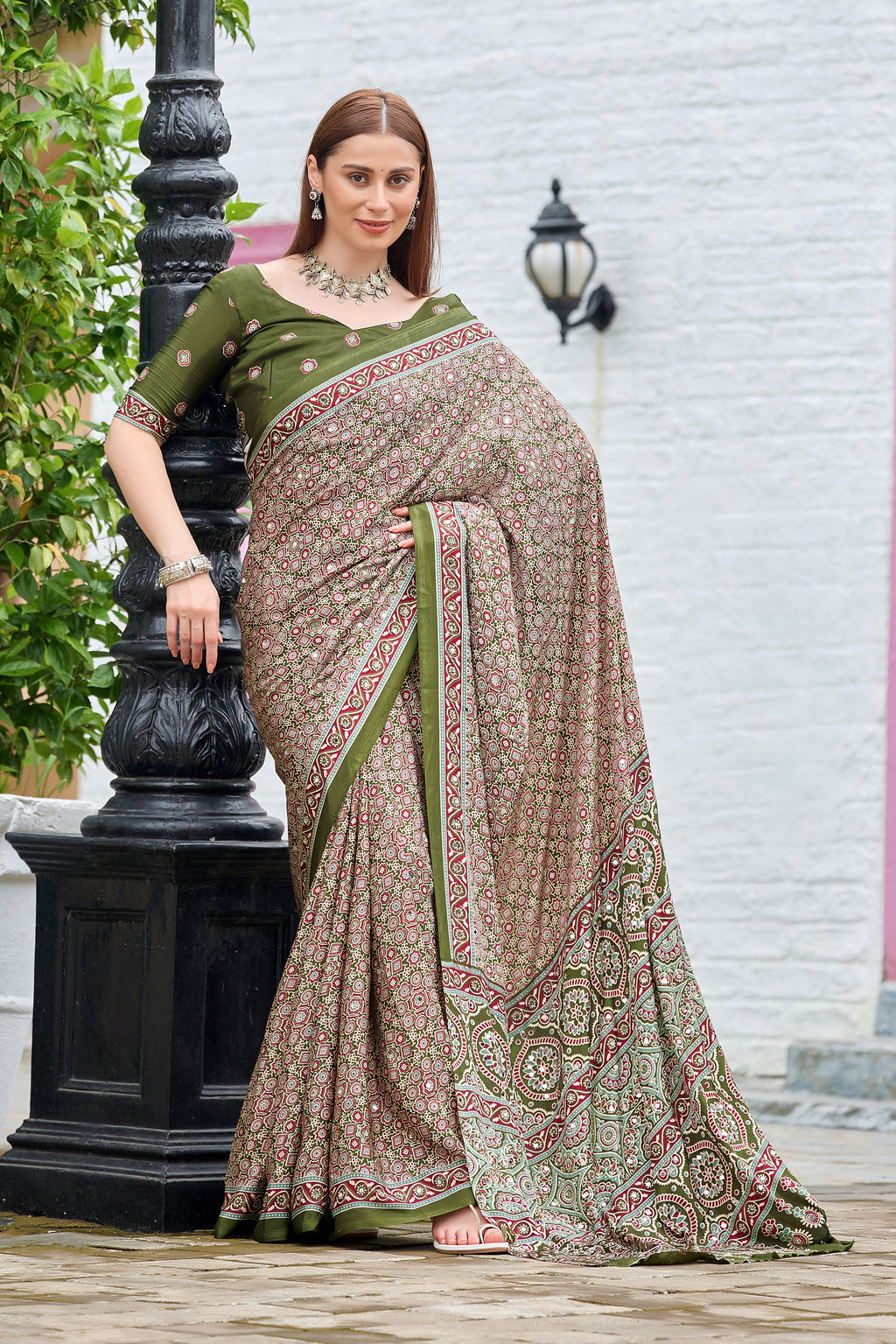 AZRAK Mirror Ajrakh Print Crepe Saree - Mehendi