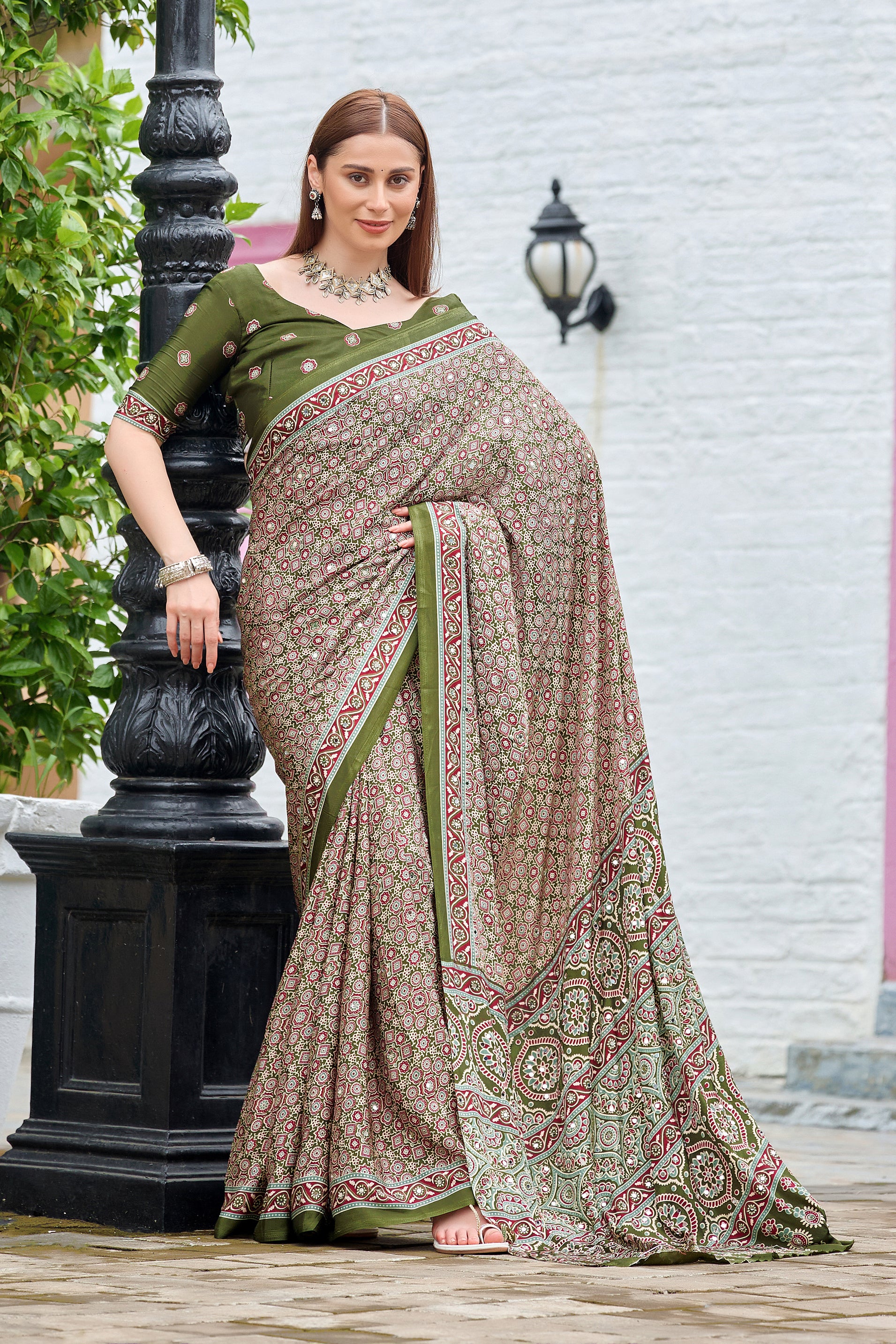 AZRAK Mirror Ajrakh Print Crepe Saree - Mehendi