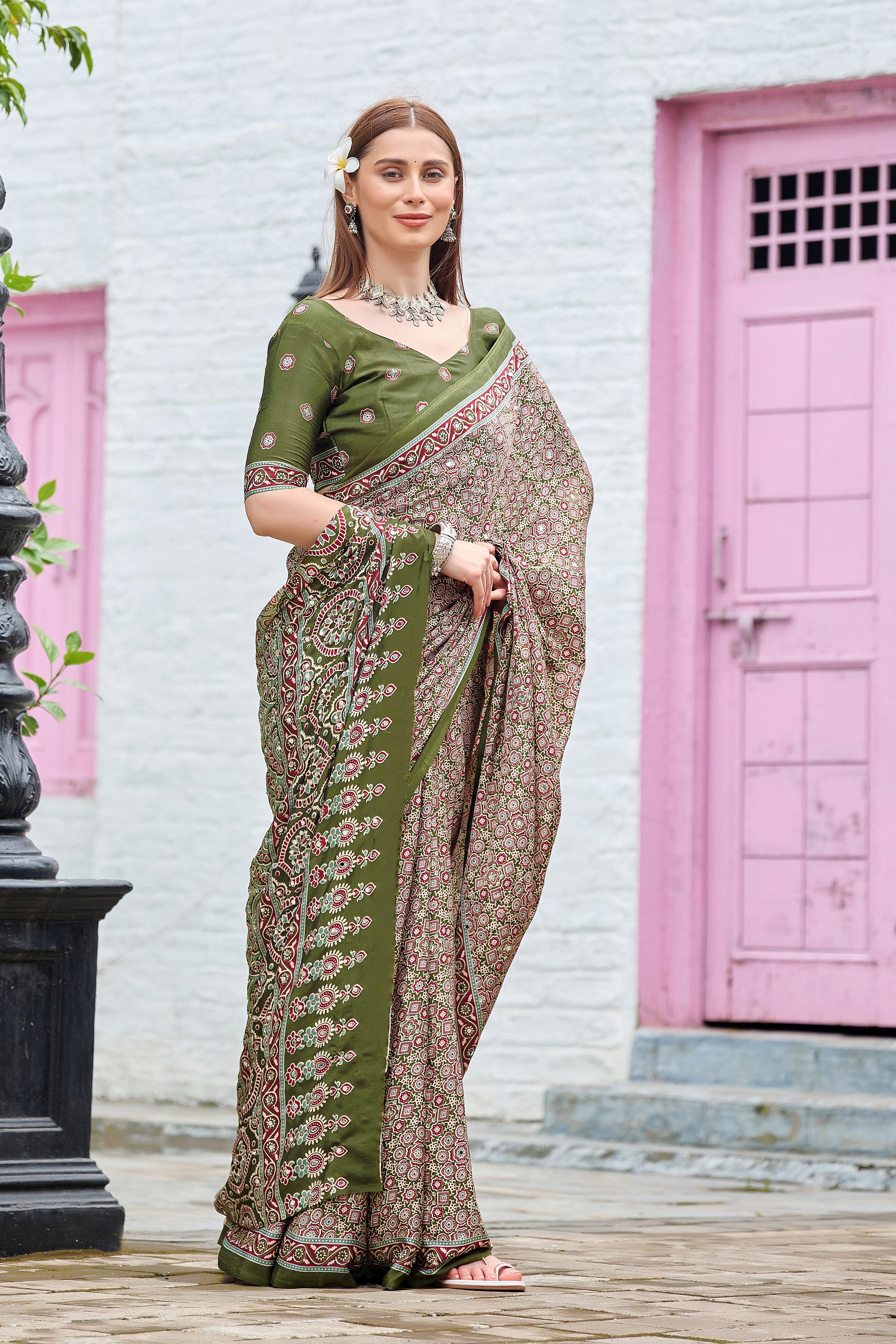 AZRAK Mirror Ajrakh Print Crepe Saree - Mehendi