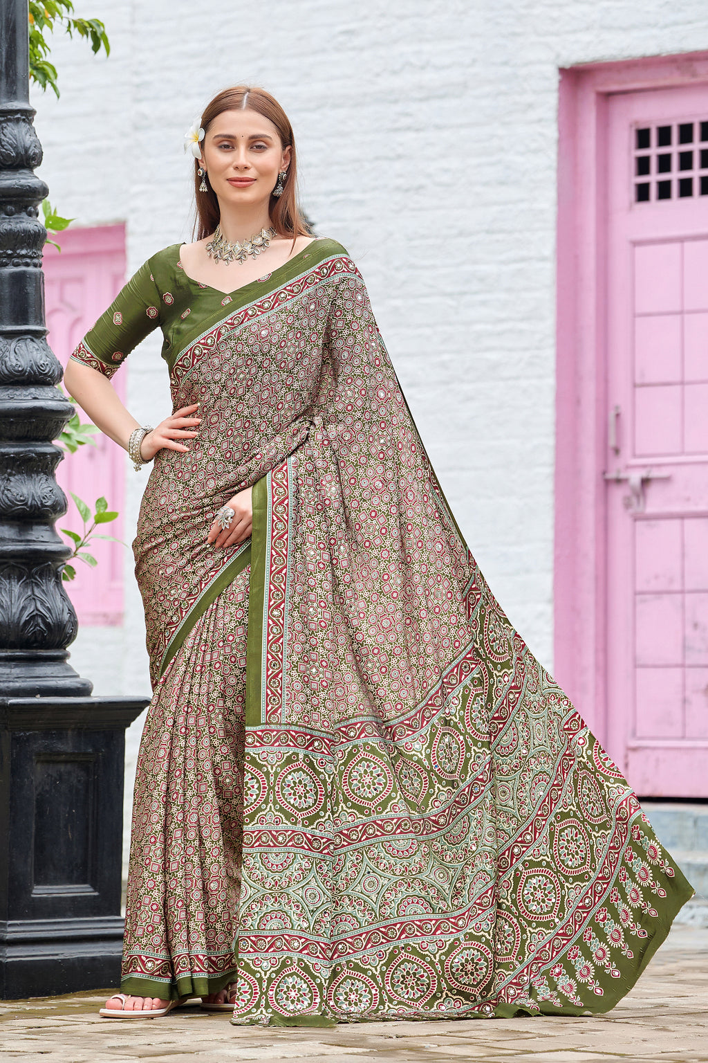 AZRAK Mirror Ajrakh Print Crepe Saree - Mehendi
