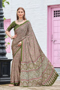 AZRAK Mirror Ajrakh Print Crepe Saree - Mehendi
