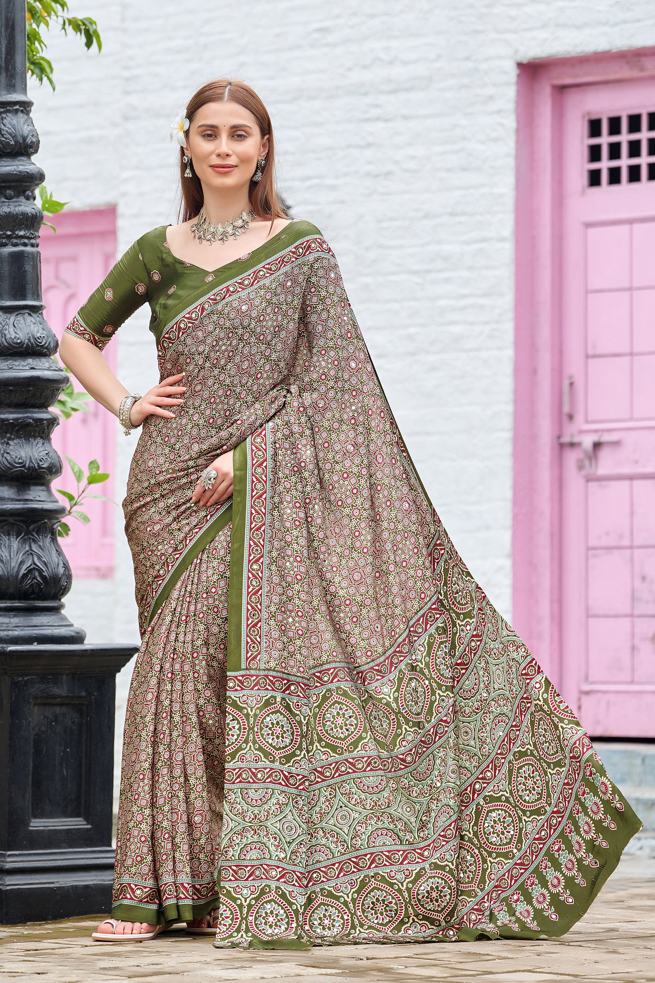 AZRAK Mirror Ajrakh Print Crepe Saree - Mehendi