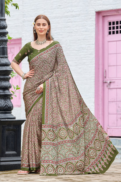 AZRAK Mirror Ajrakh Print Crepe Saree - Mehendi