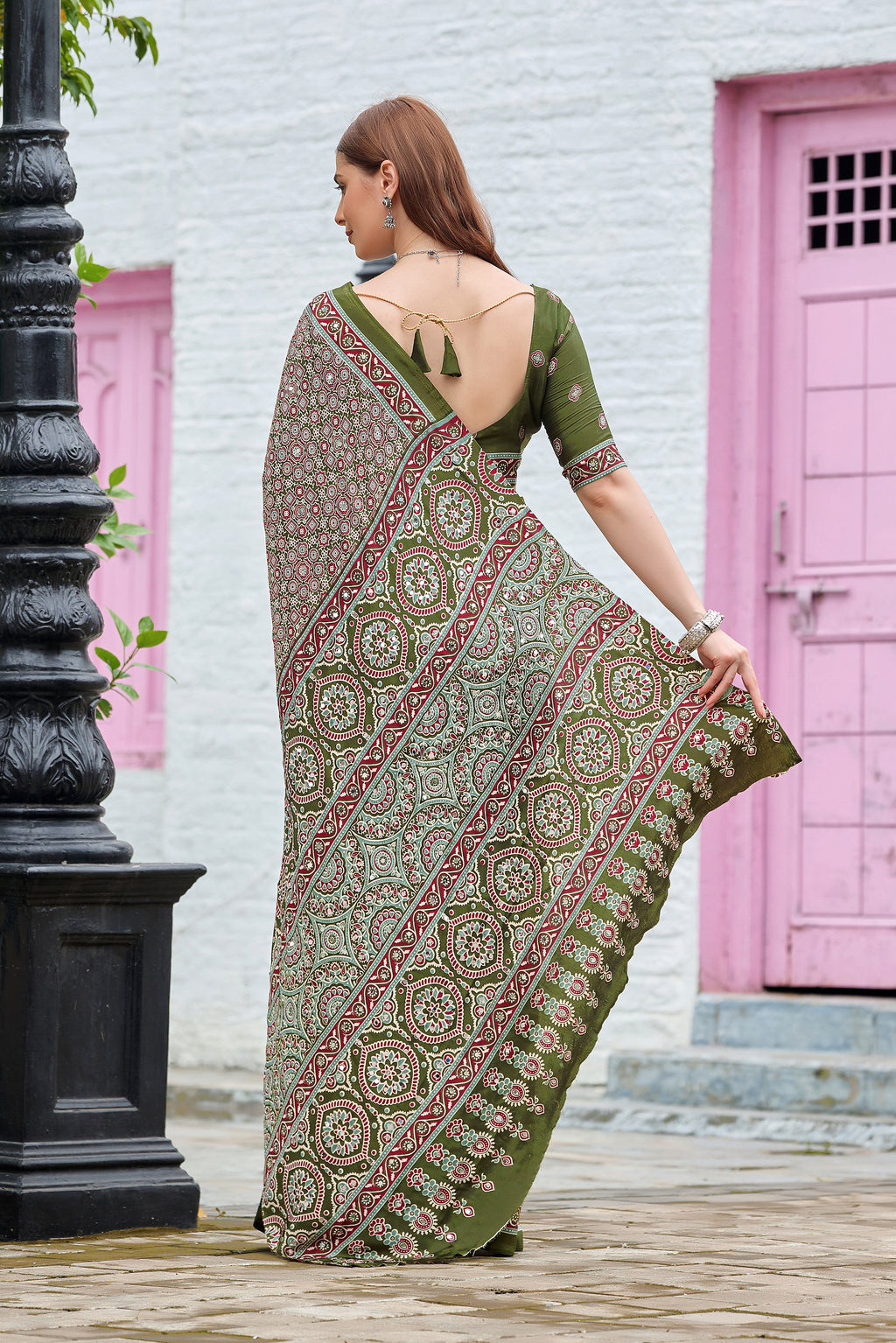 AZRAK Mirror Ajrakh Print Crepe Saree - Mehendi