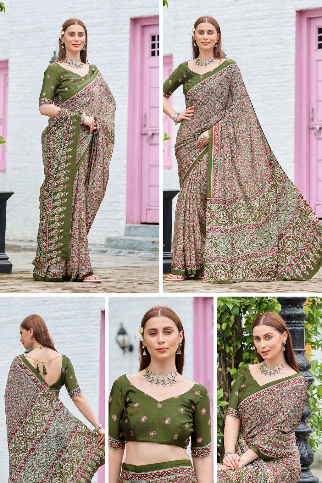 AZRAK Mirror Ajrakh Print Crepe Saree - Mehendi