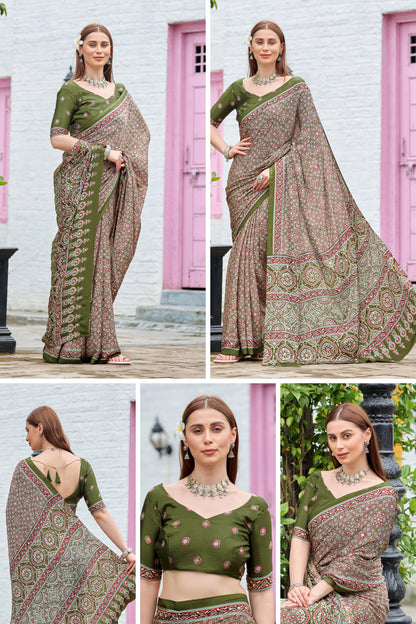 AZRAK Mirror Ajrakh Print Crepe Saree - Mehendi