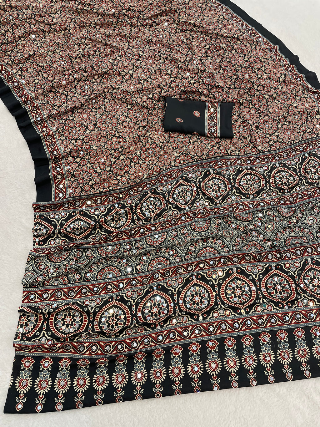 AZRAK Mirror Ajrakh Print Crepe Saree - Black