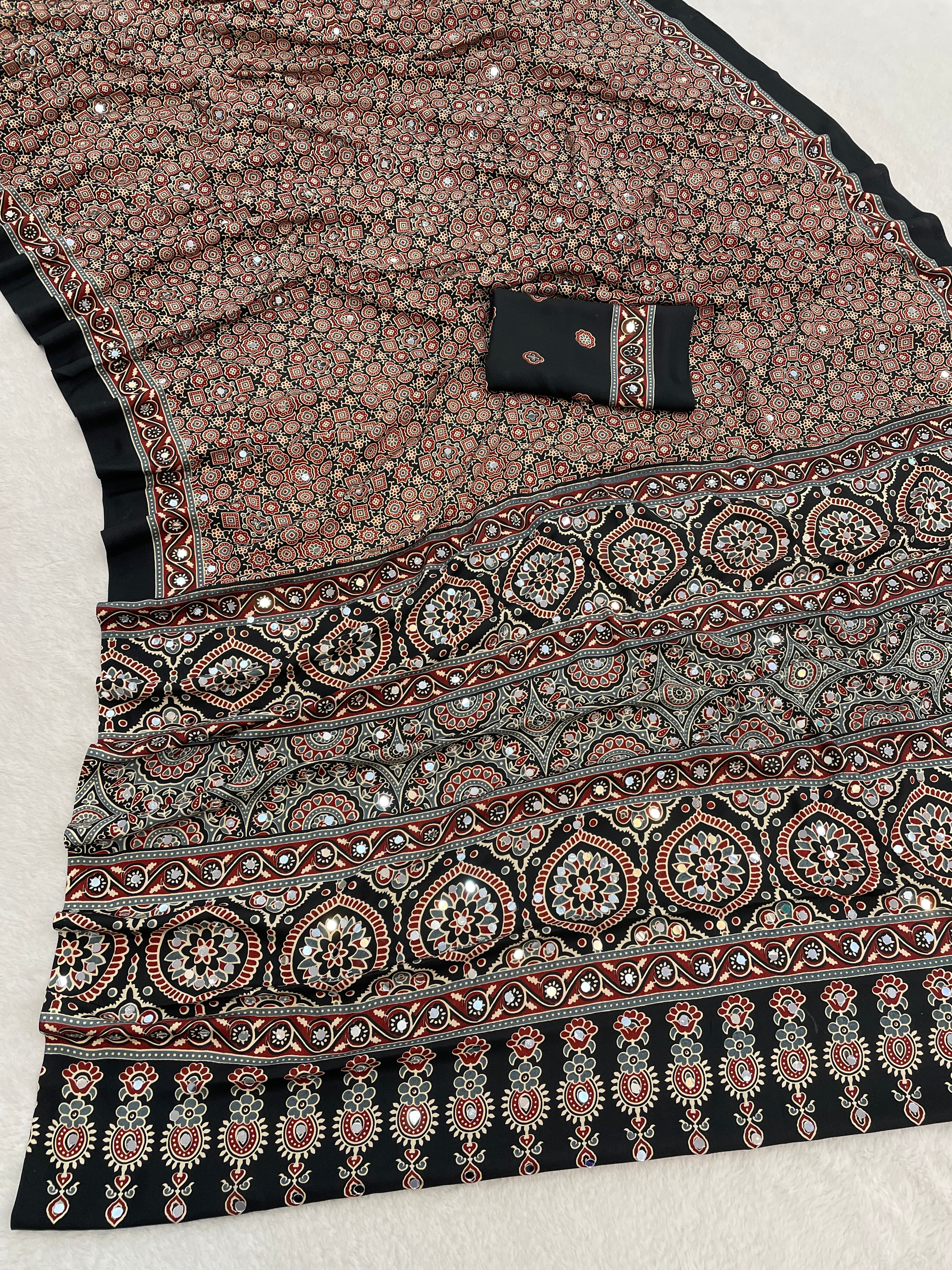 AZRAK Mirror Ajrakh Print Crepe Saree - Black