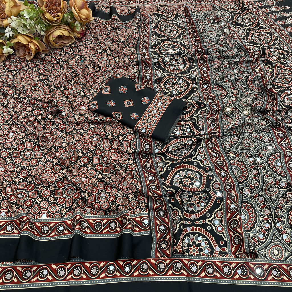 AZRAK Mirror Ajrakh Print Crepe Saree - Black