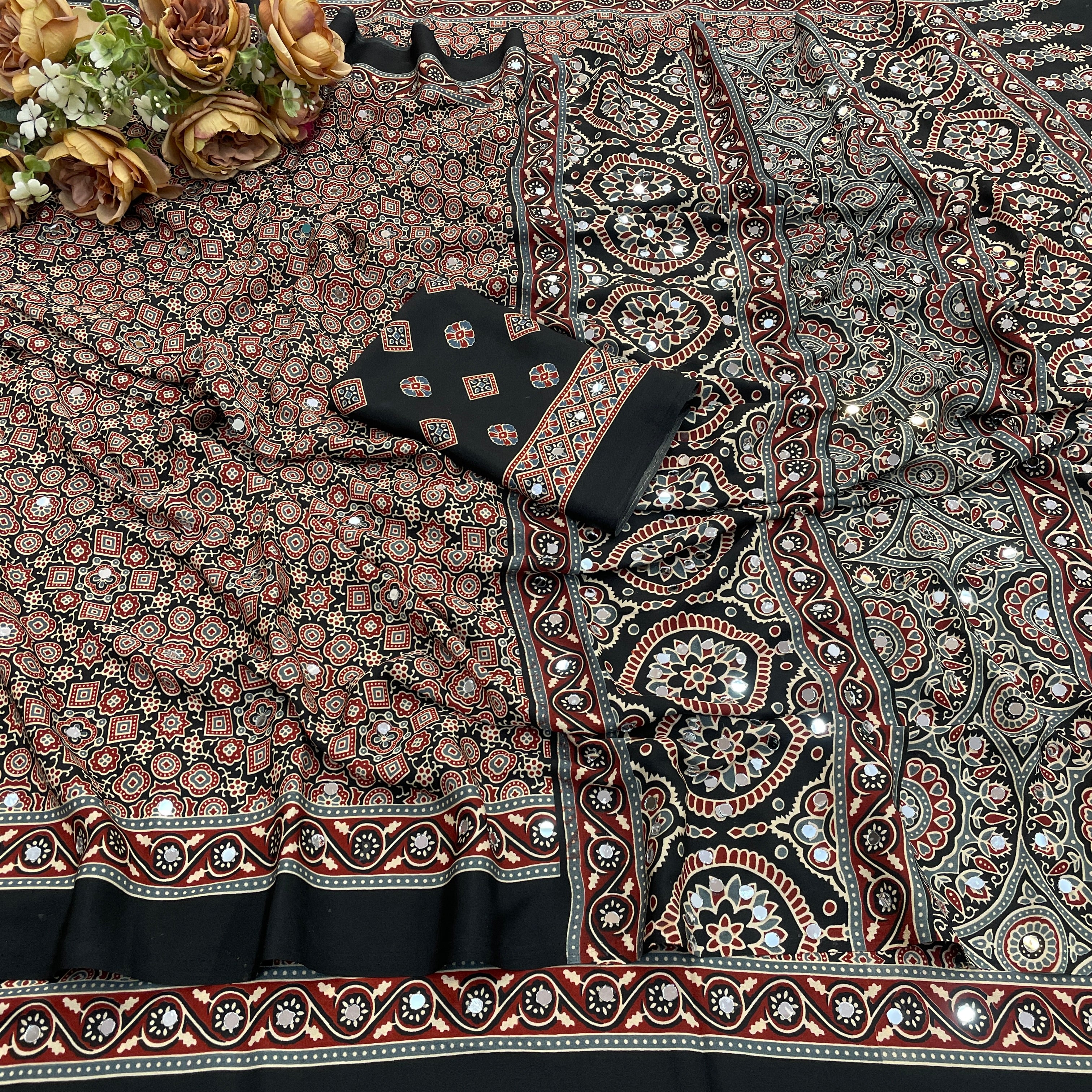 AZRAK Mirror Ajrakh Print Crepe Saree - Black