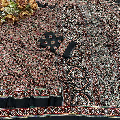 AZRAK Mirror Ajrakh Print Crepe Saree - Black III