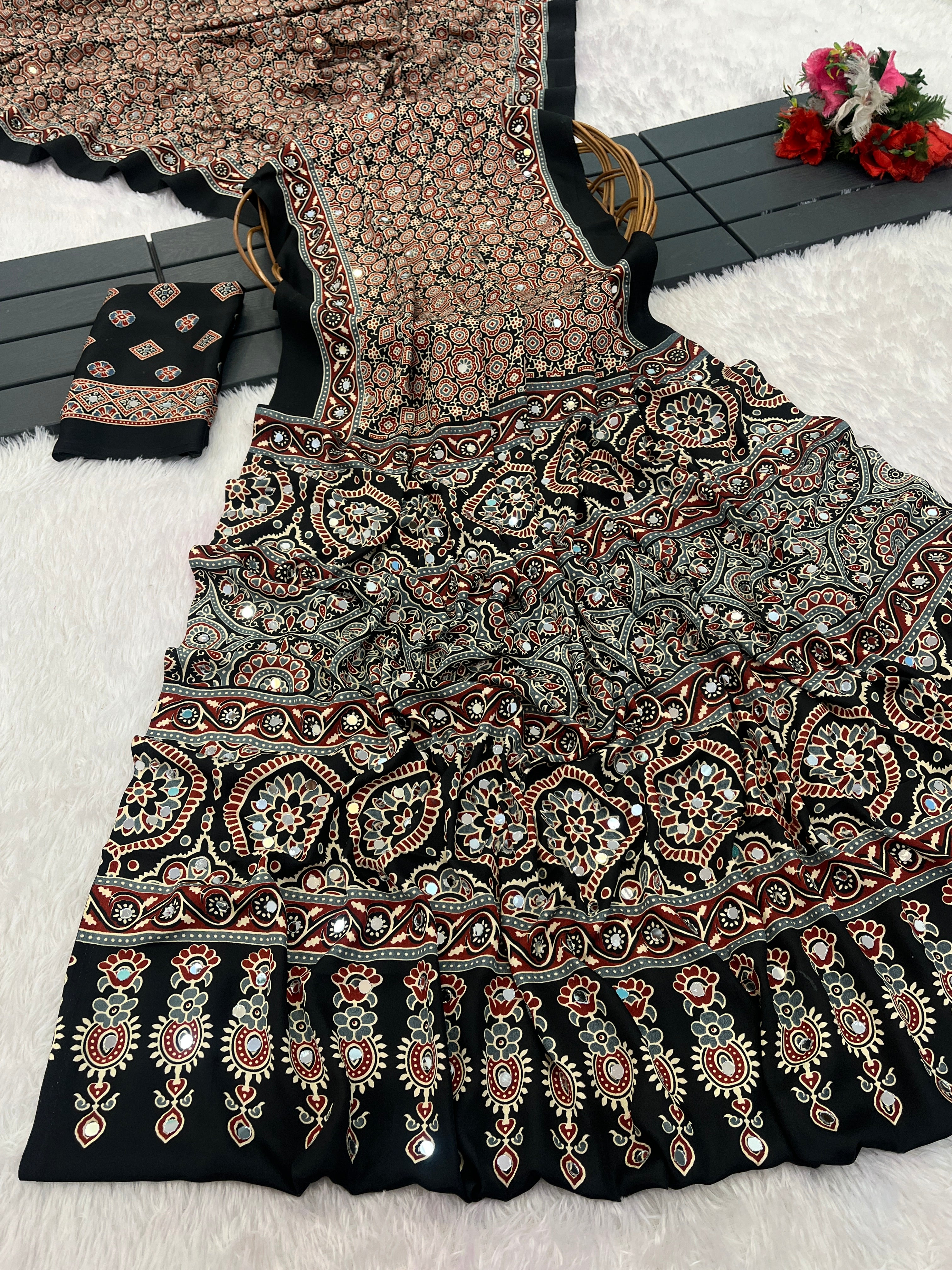 AZRAK Mirror Ajrakh Print Crepe Saree - Black