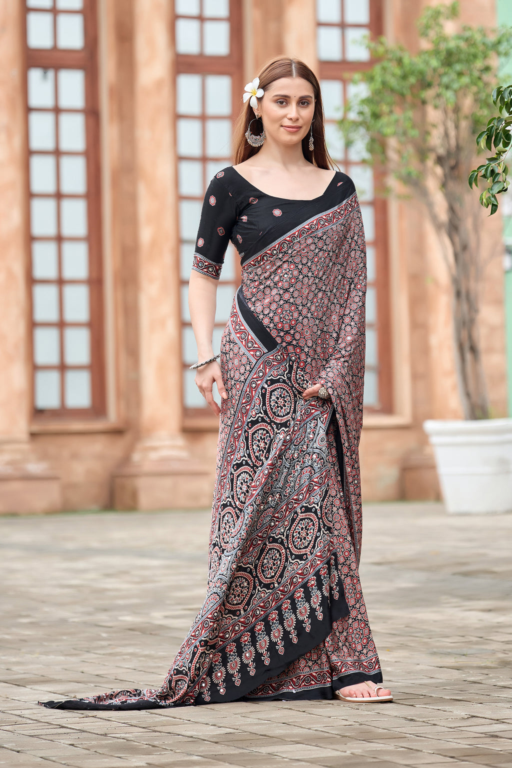AZRAK Mirror Ajrakh Print Crepe Saree - Black