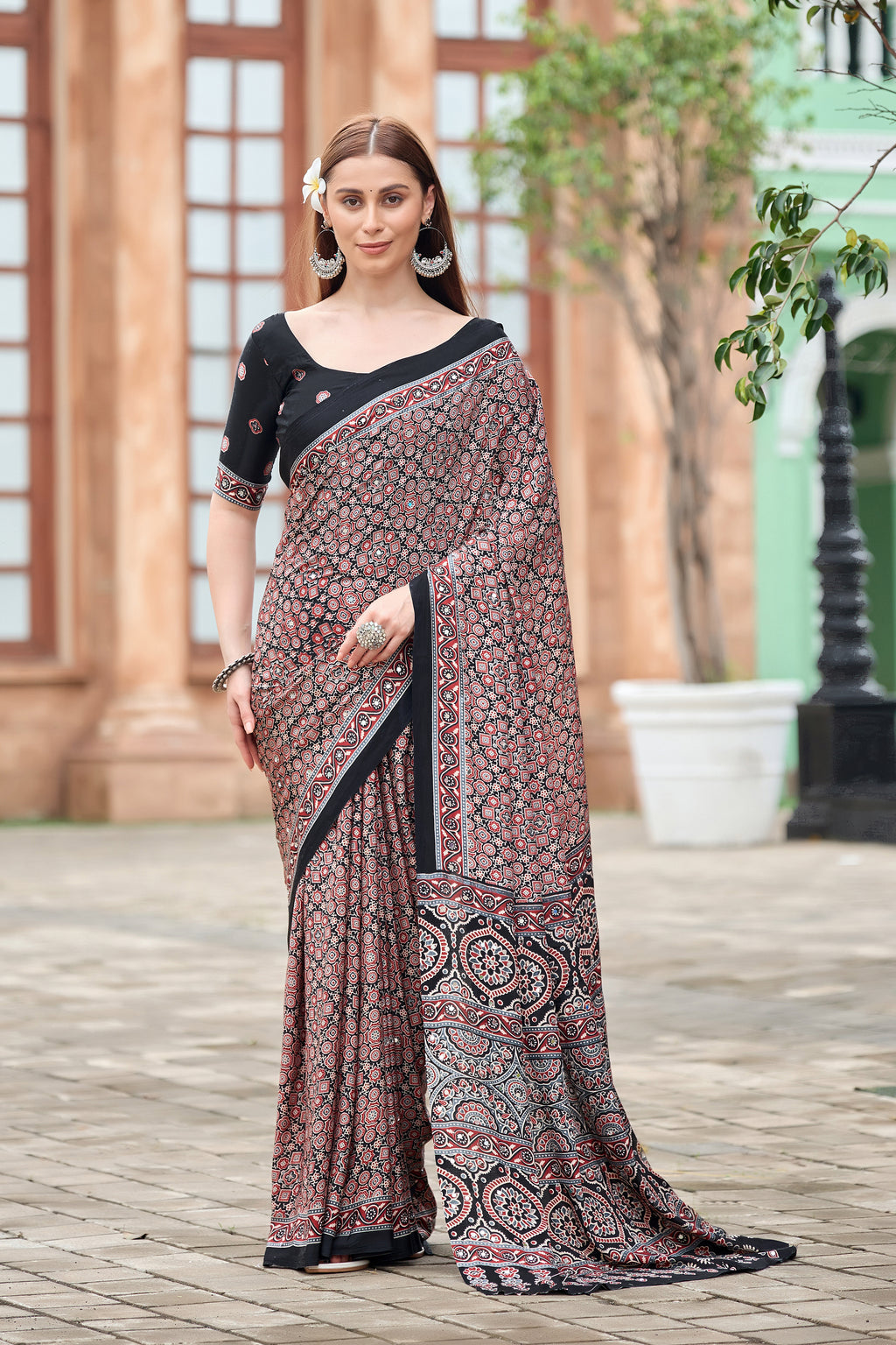 AZRAK Mirror Ajrakh Print Crepe Saree - Black