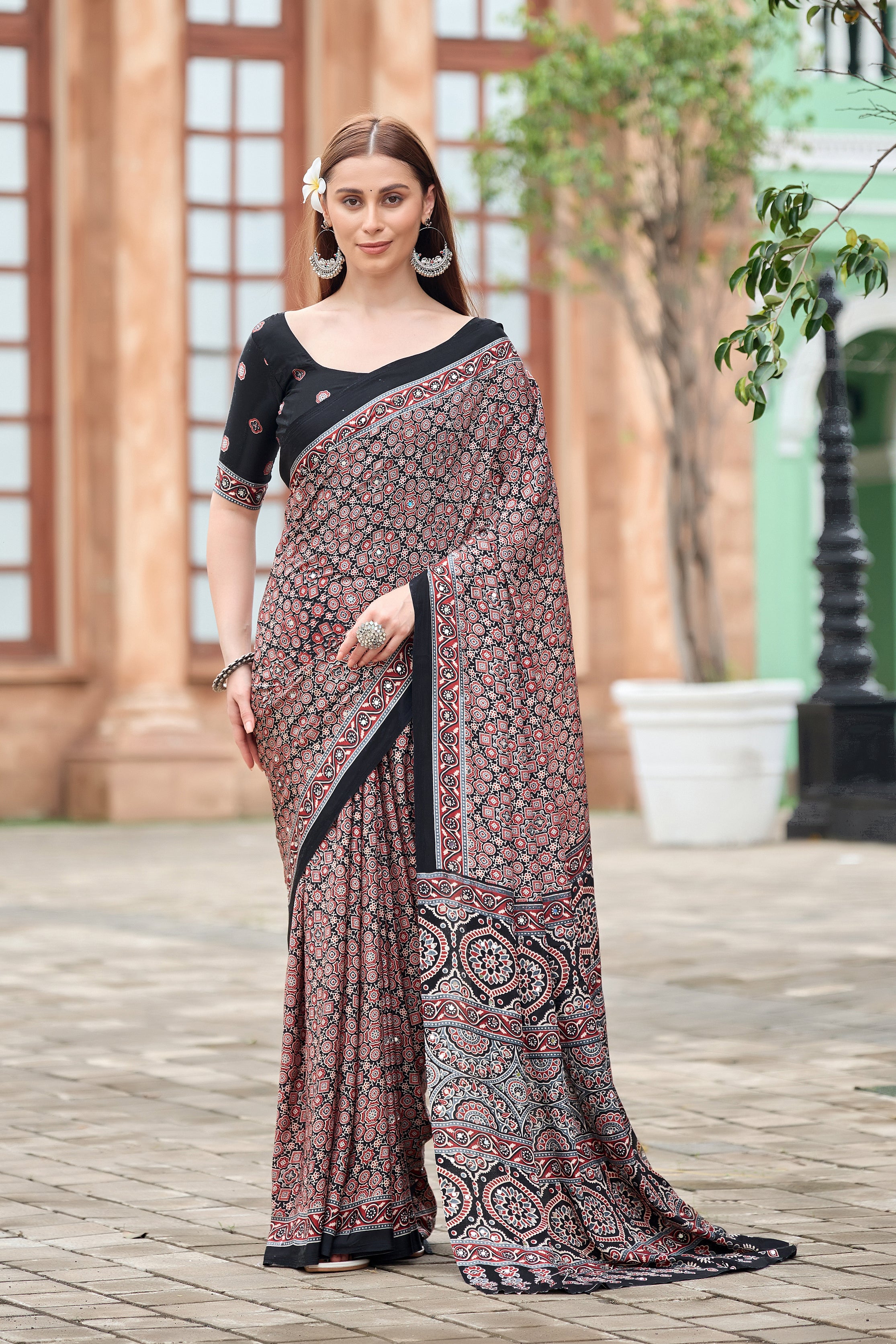 AZRAK Mirror Ajrakh Print Crepe Saree - Black