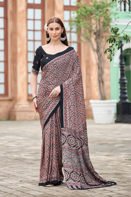 AZRAK Mirror Ajrakh Print Crepe Saree - Black III