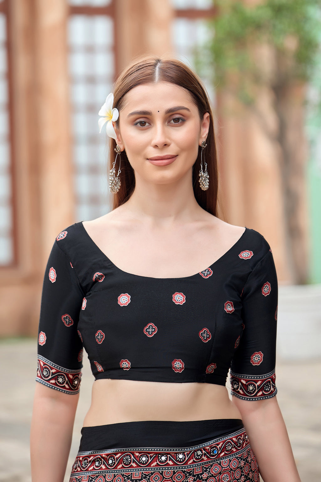 AZRAK Mirror Ajrakh Print Crepe Saree - Black