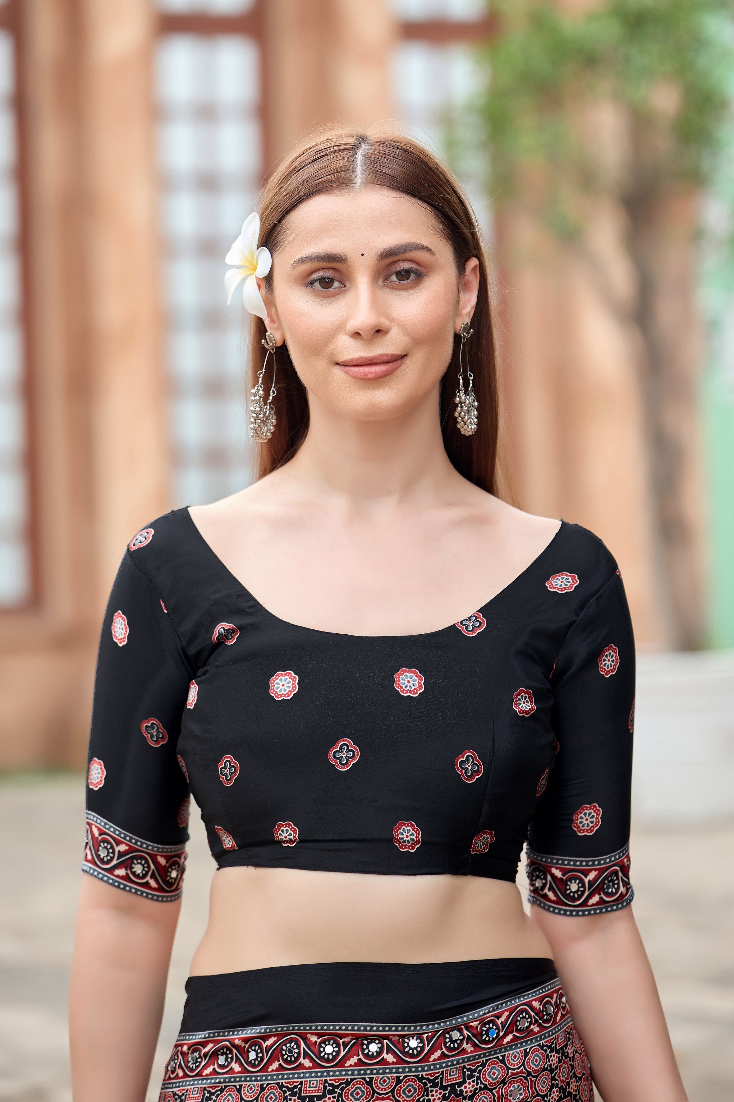 AZRAK Mirror Ajrakh Print Crepe Saree - Black