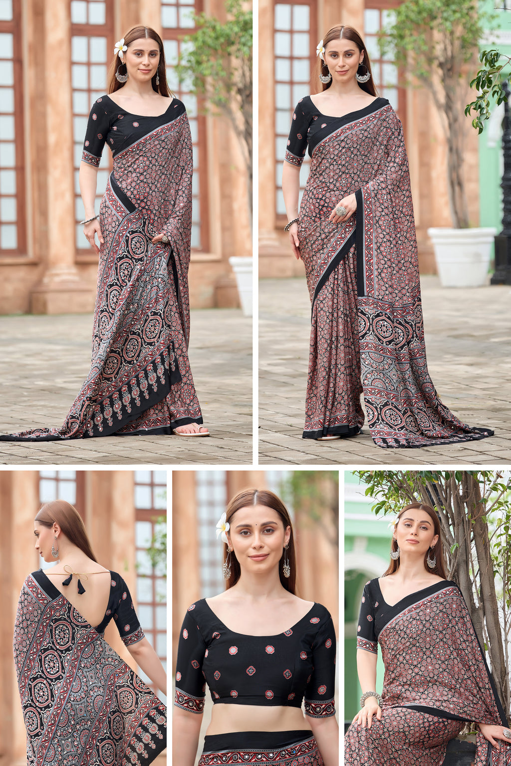 AZRAK Mirror Ajrakh Print Crepe Saree - Black
