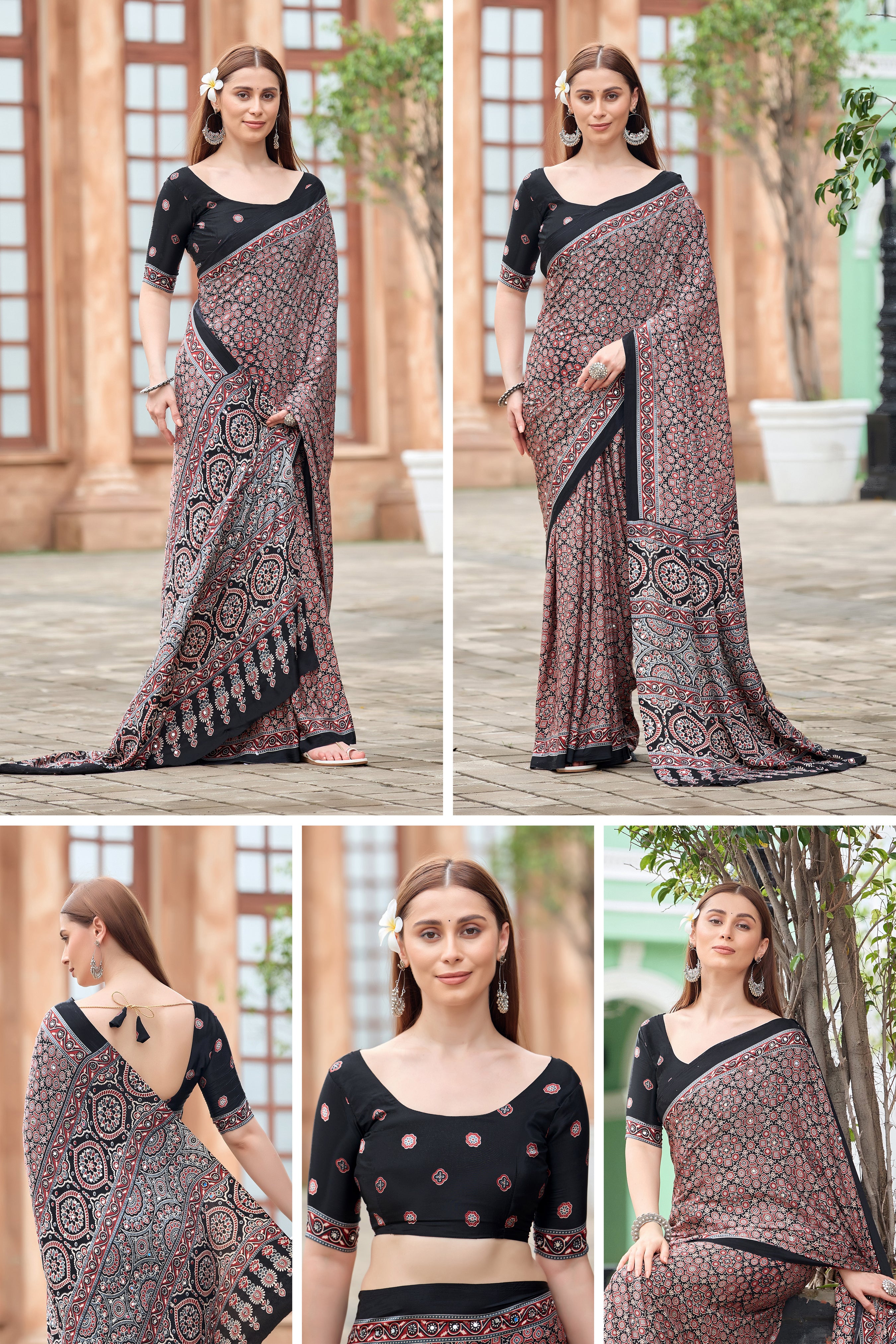 AZRAK Mirror Ajrakh Print Crepe Saree - Black