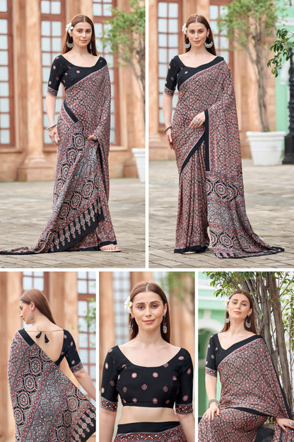AZRAK Mirror Ajrakh Print Crepe Saree - Black III