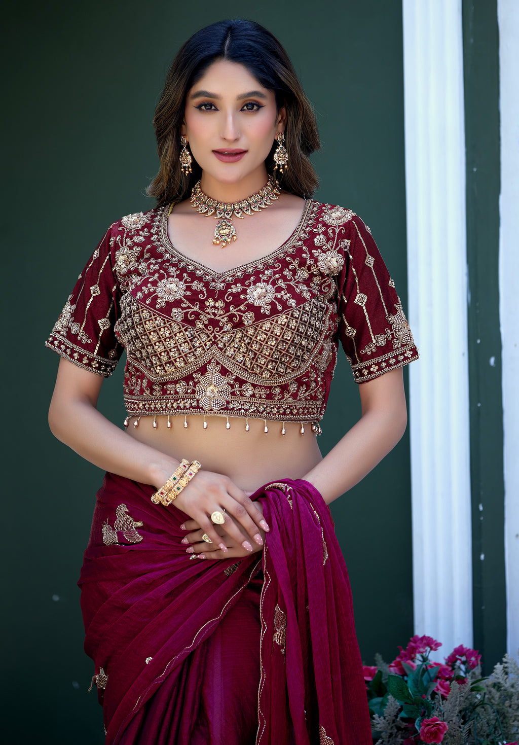 GULABO Viscose Rayon Embroidered Blouse - Maroon