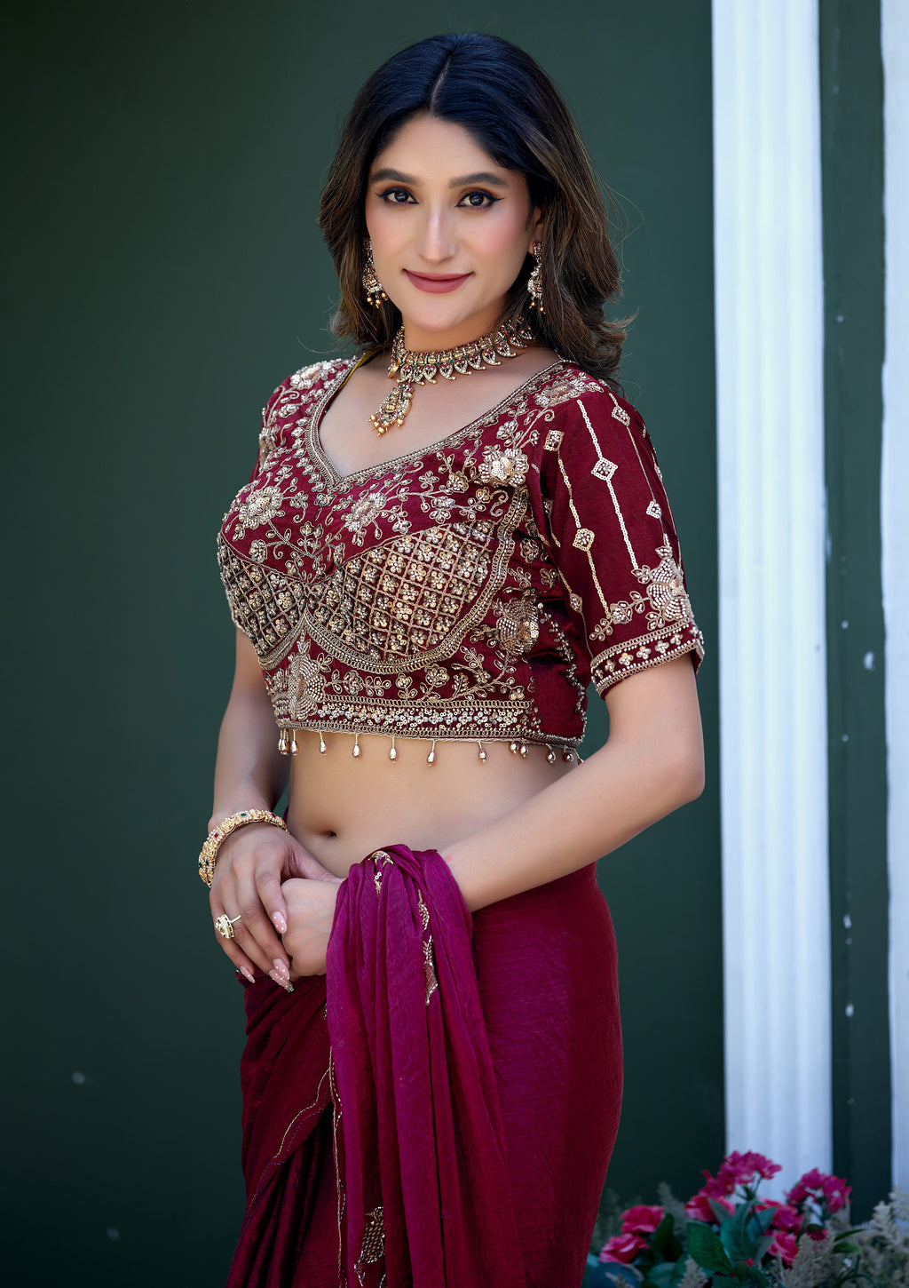 GULABO Viscose Rayon Embroidered Blouse - Maroon
