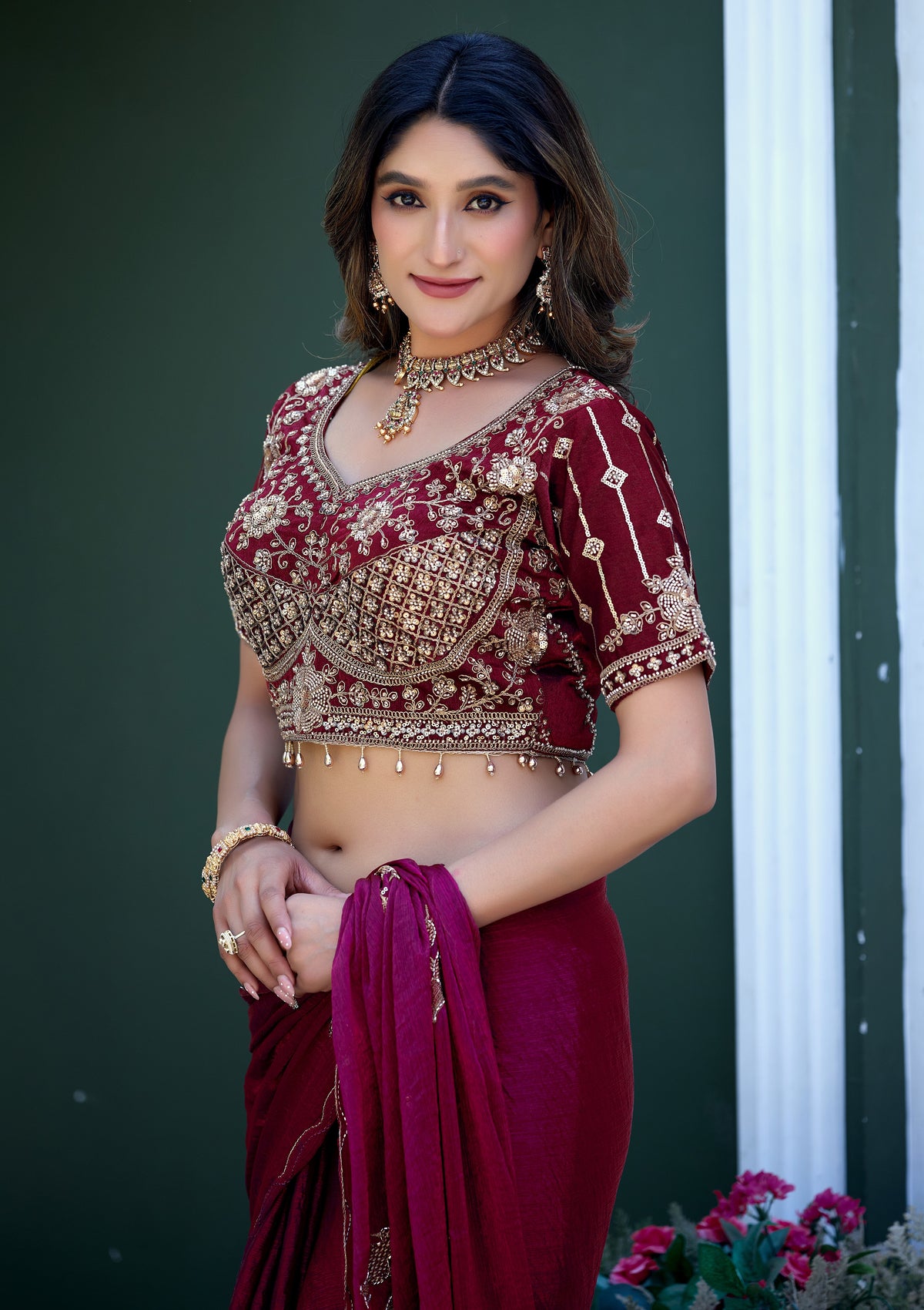 GULABO Viscose Rayon Embroidered Blouse - Maroon