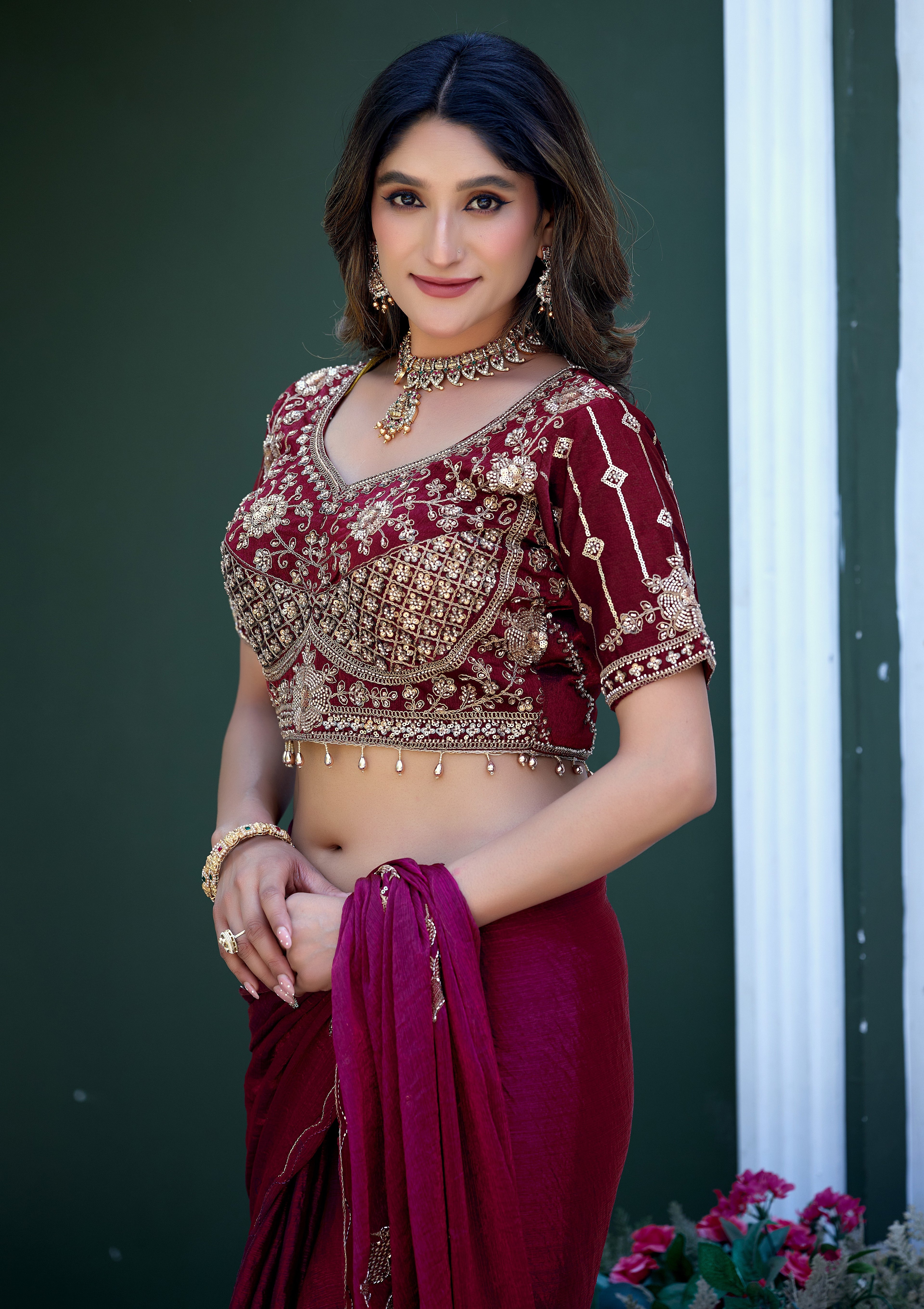 GULABO Viscose Rayon Embroidered Blouse - Maroon