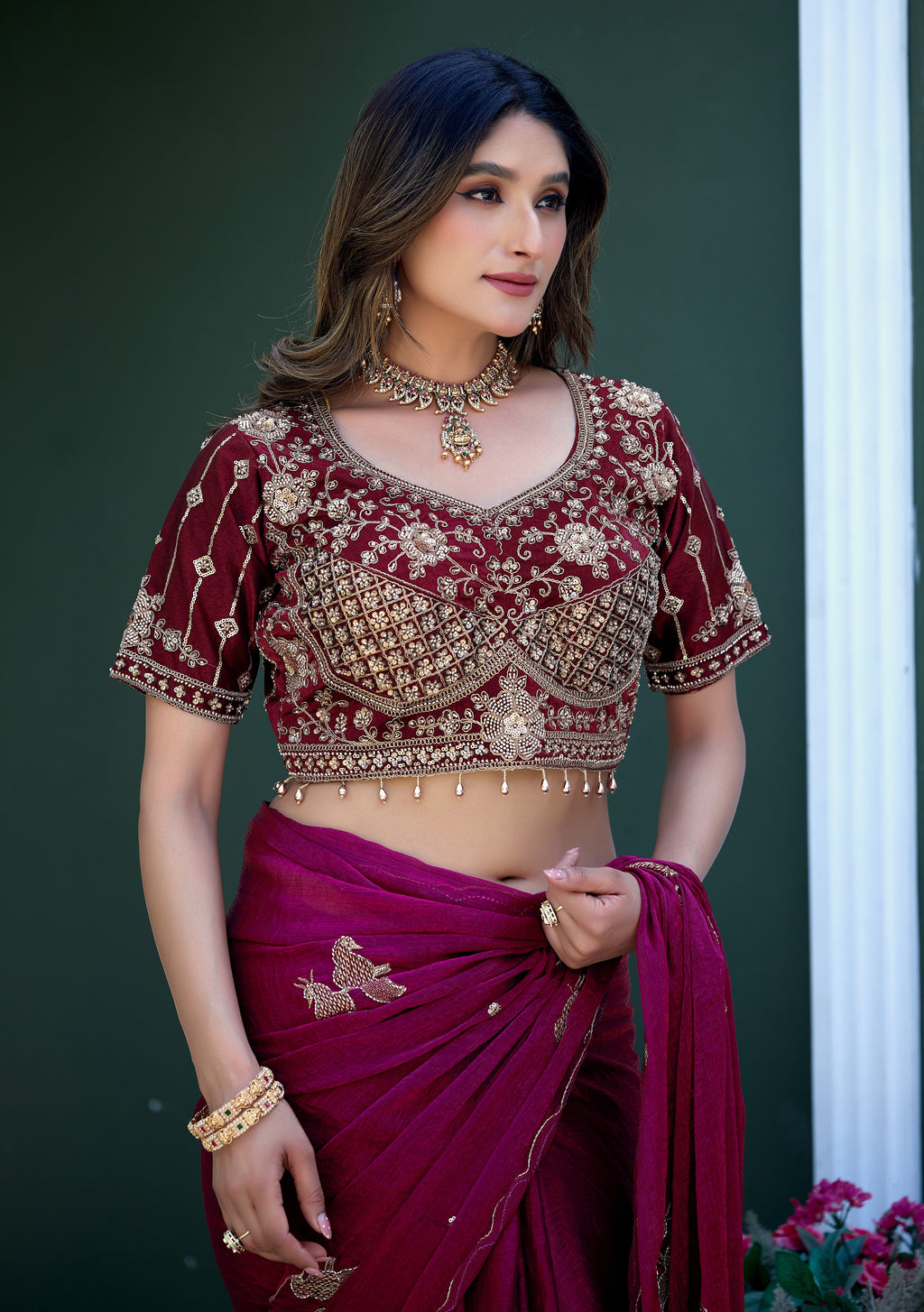 GULABO Viscose Rayon Embroidered Blouse - Maroon