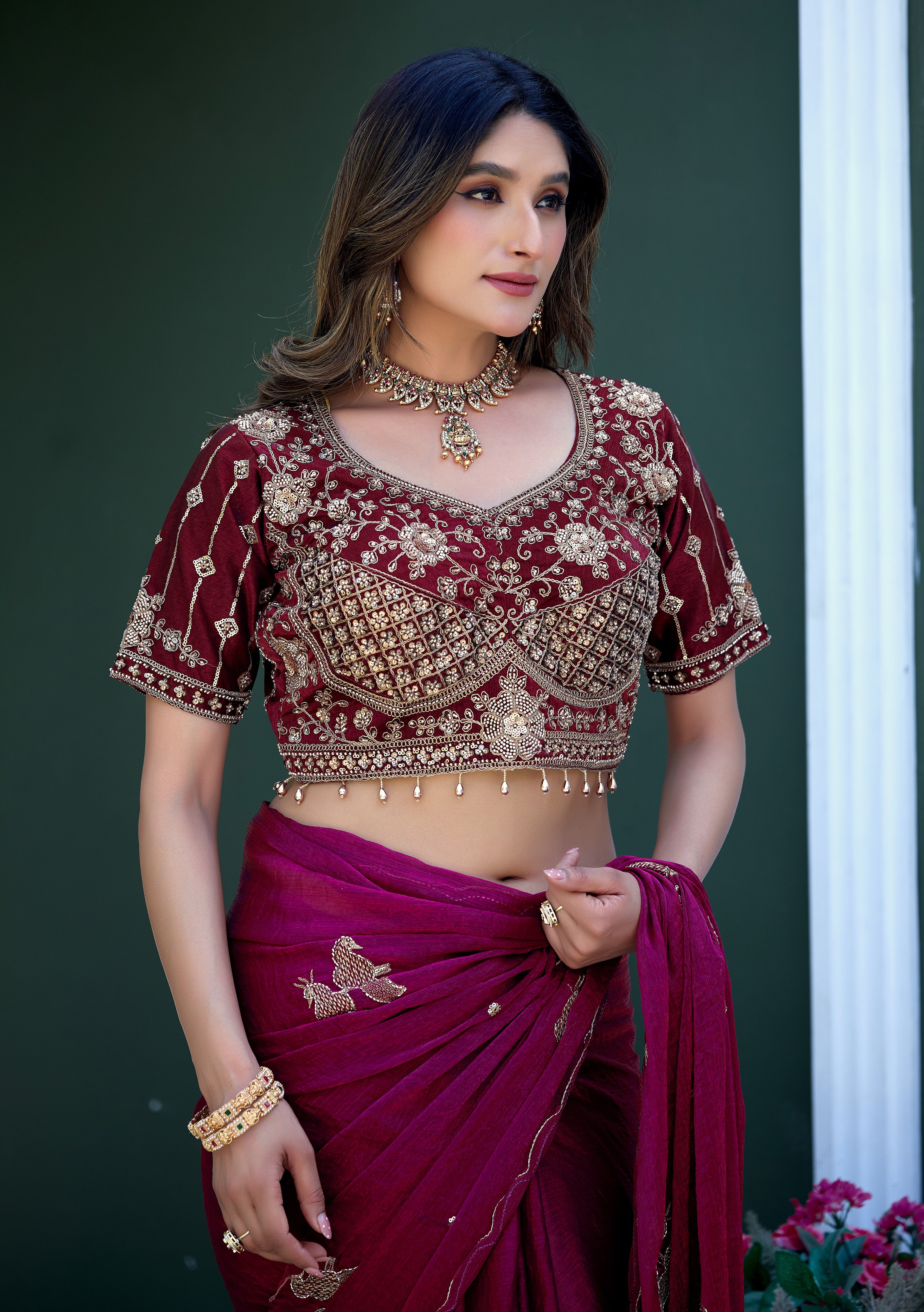 GULABO Viscose Rayon Embroidered Blouse - Maroon