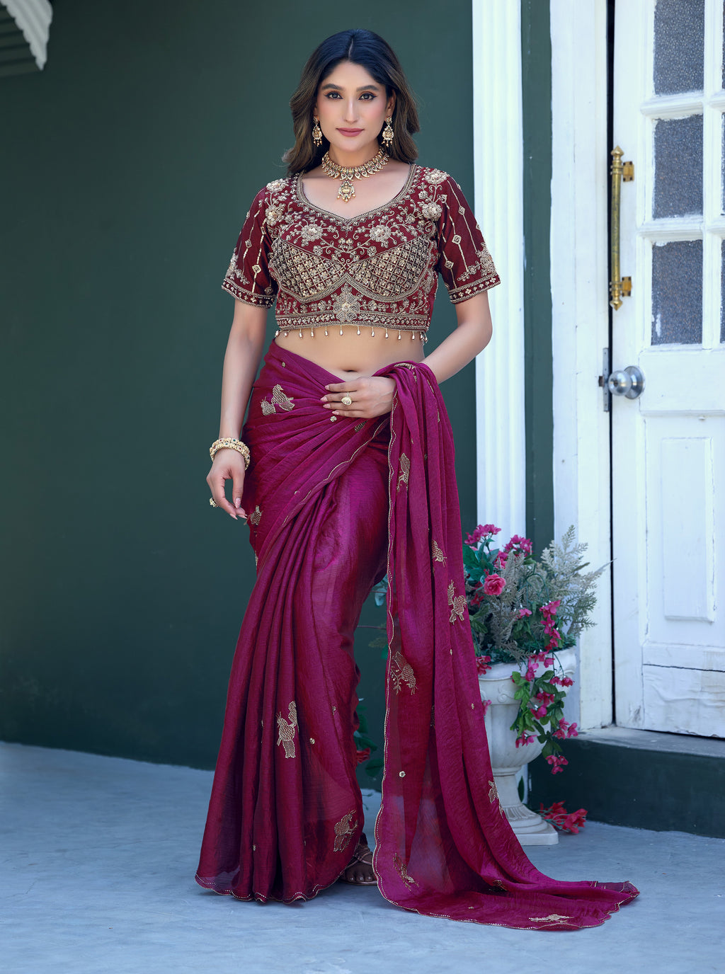 GULABO Viscose Rayon Embroidered Blouse - Maroon