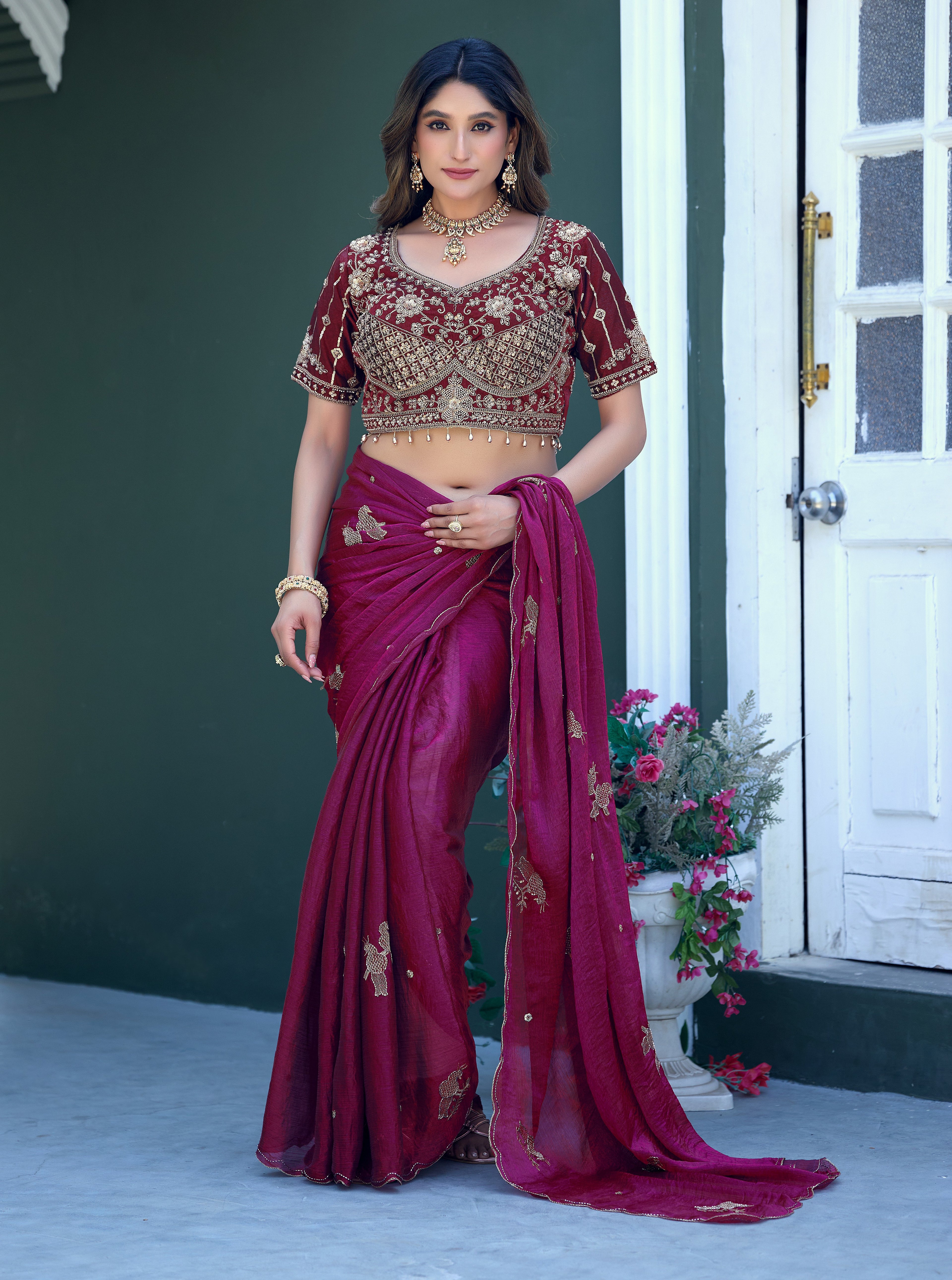 GULABO Viscose Rayon Embroidered Blouse - Maroon