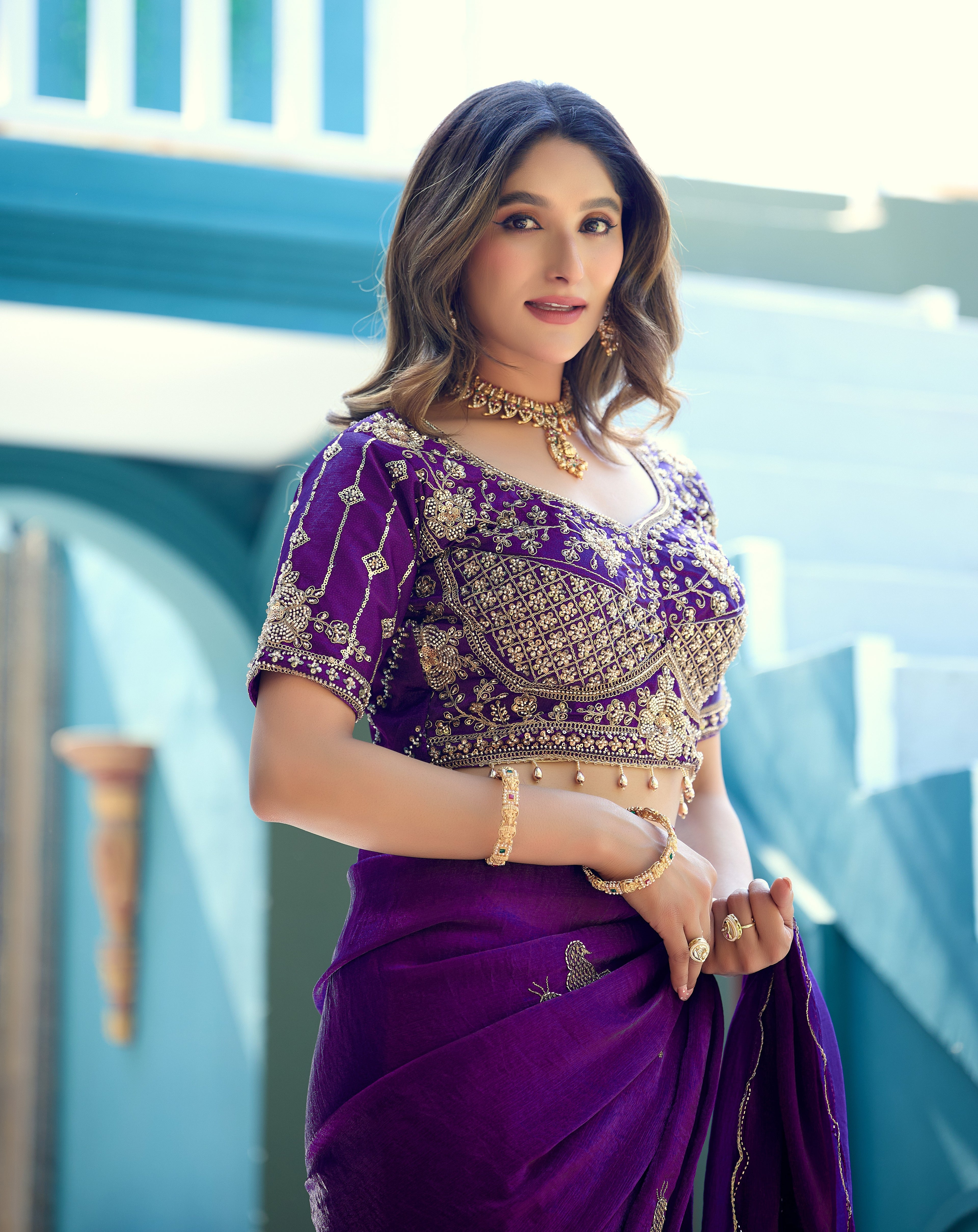 GULABO Viscose Rayon Embroidered Blouse - Purple