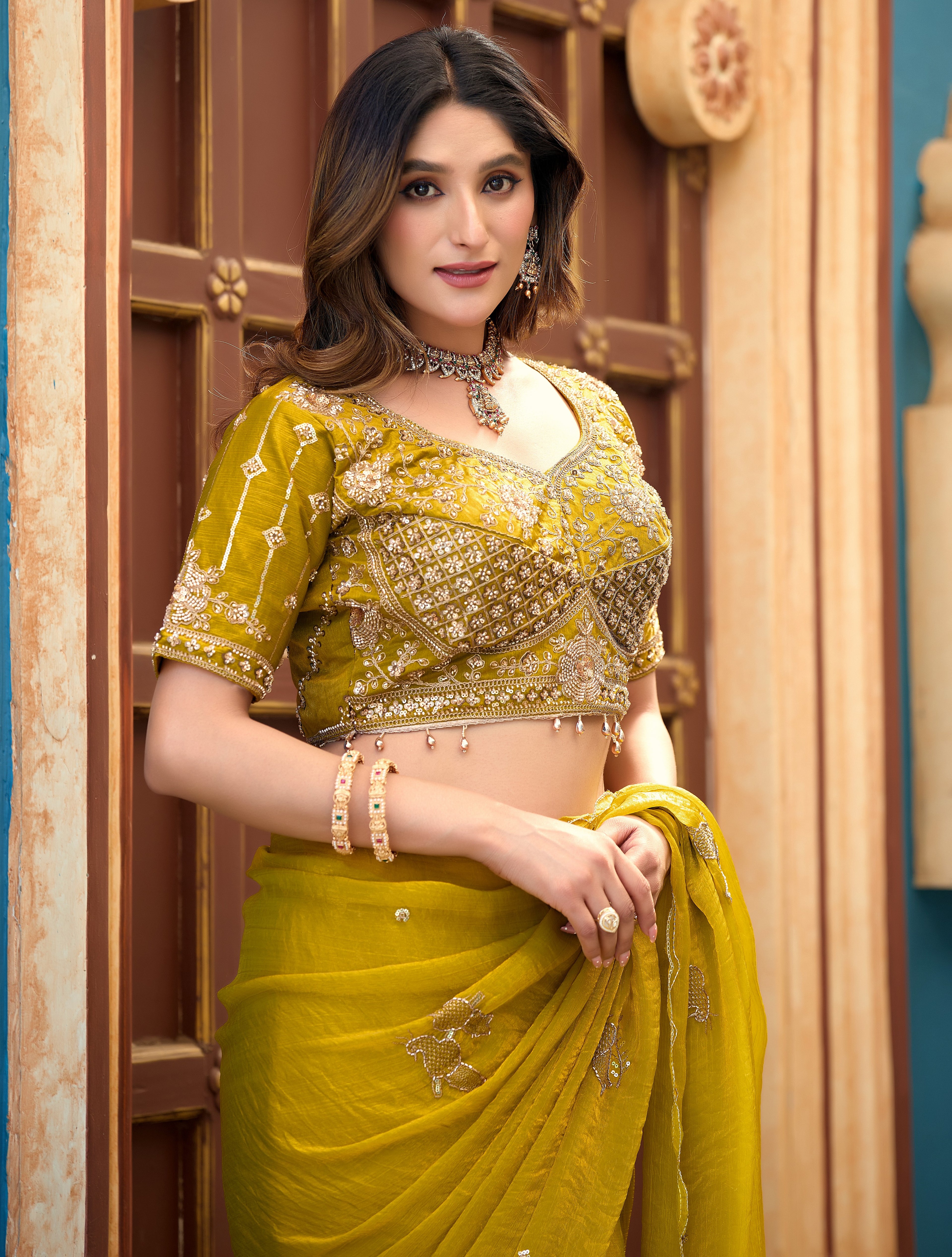GULABO Viscose Rayon Embroidered Blouse - Mustard