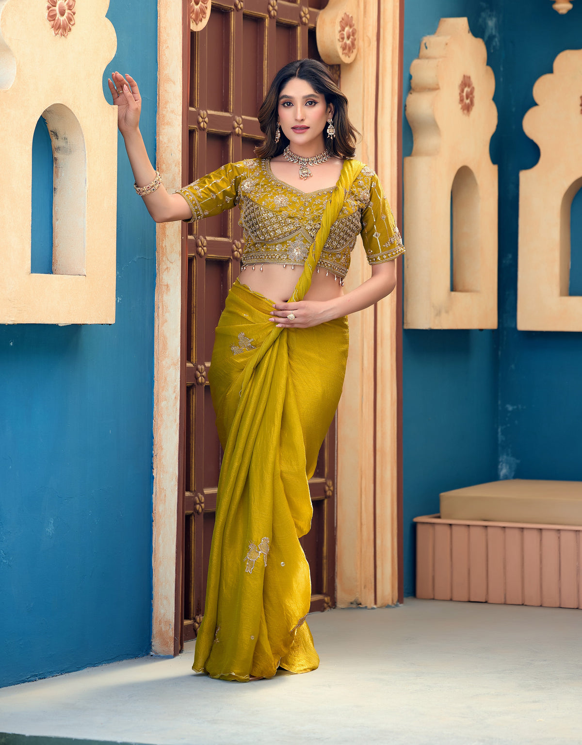 GULABO Viscose Rayon Embroidered Blouse - Mustard