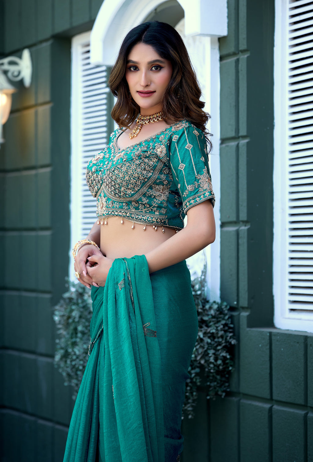 GULABO Viscose Rayon Embroidered Blouse - Rama